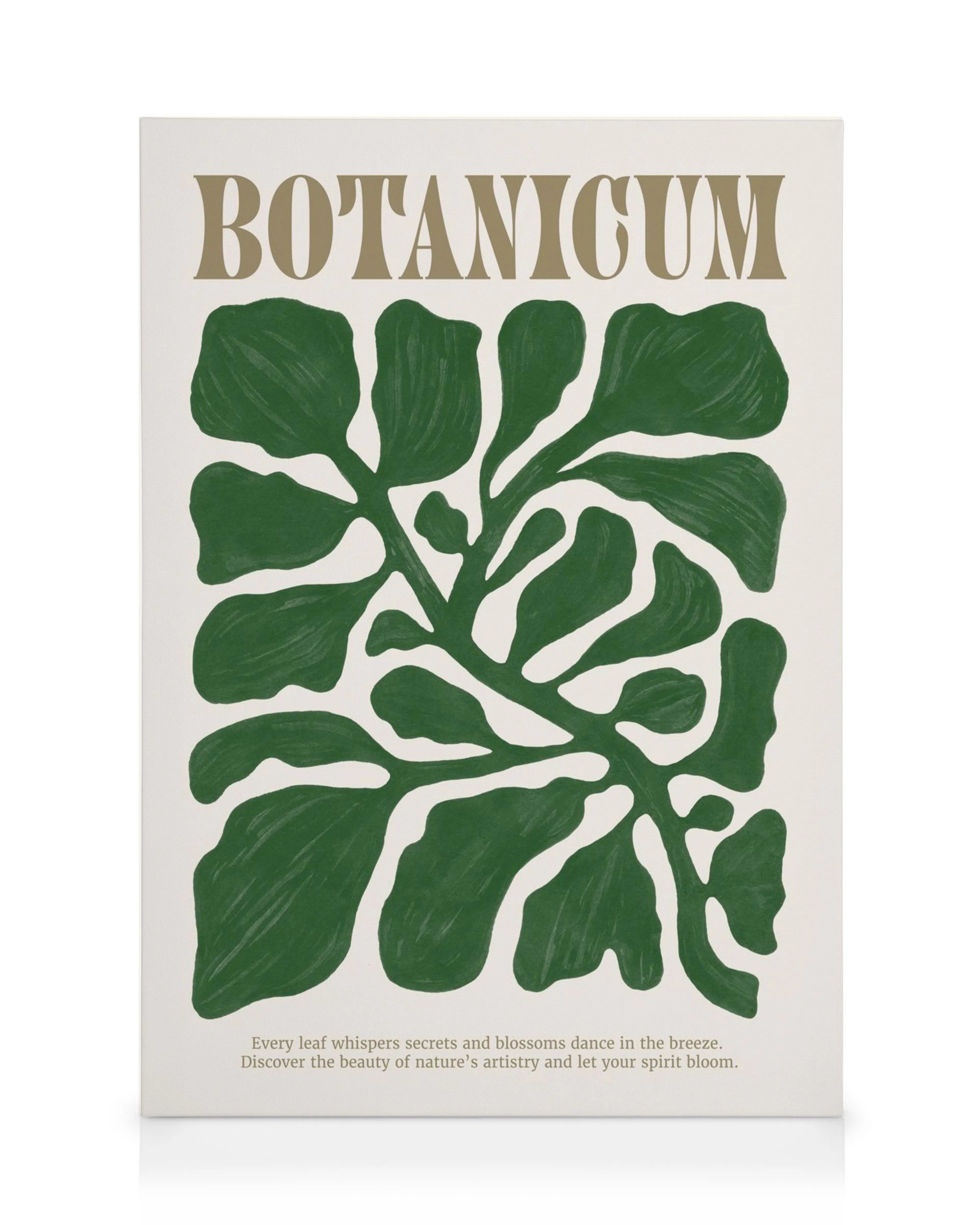Obraz na plátne s tmavozelenými abstraktnými listami na svetlom pozadí a nápisom BOTANICUM.