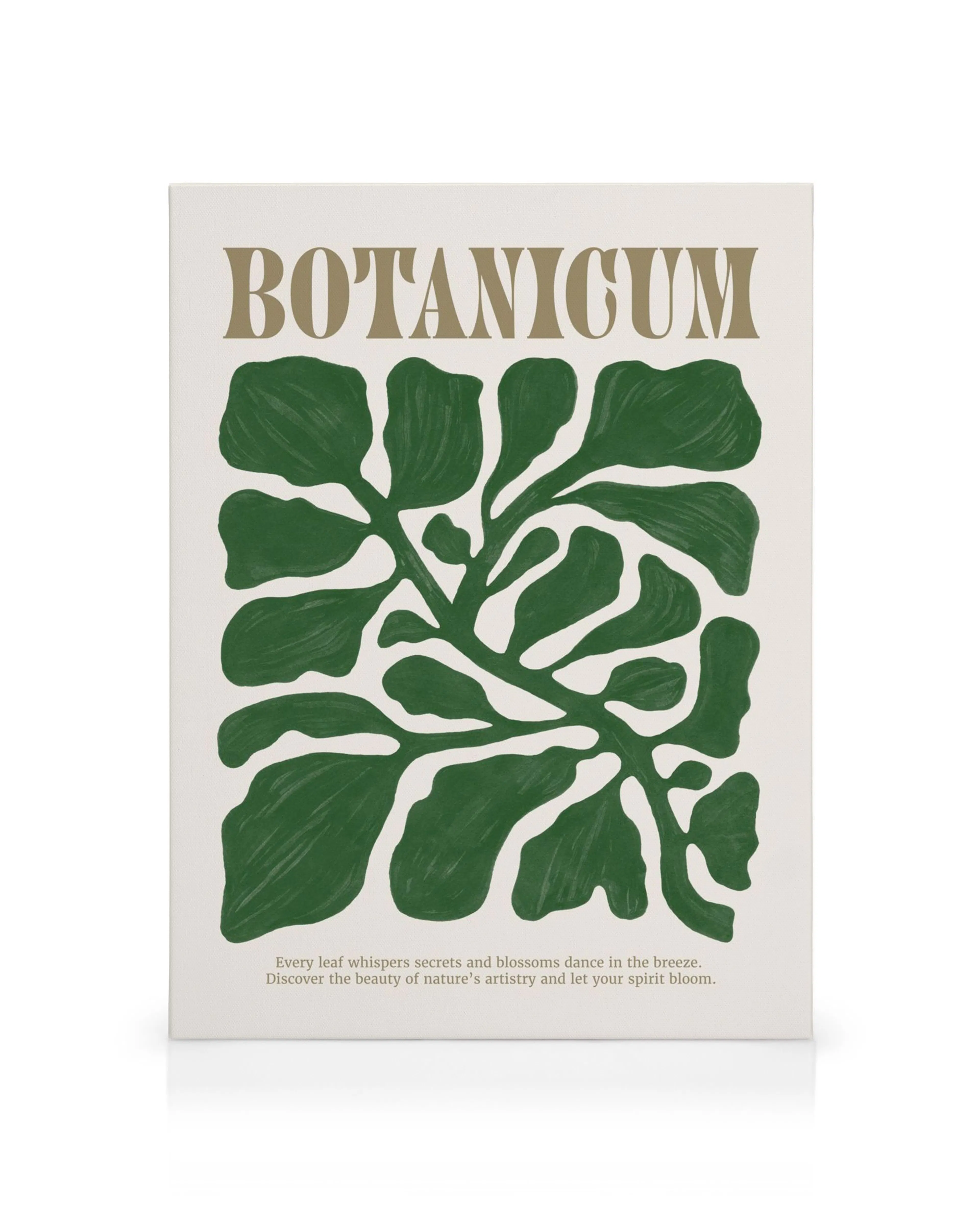 Lienzo con diseño botánico de hojas verdes sobre fondo claro, texto BOTANICUM y cita inspiradora.