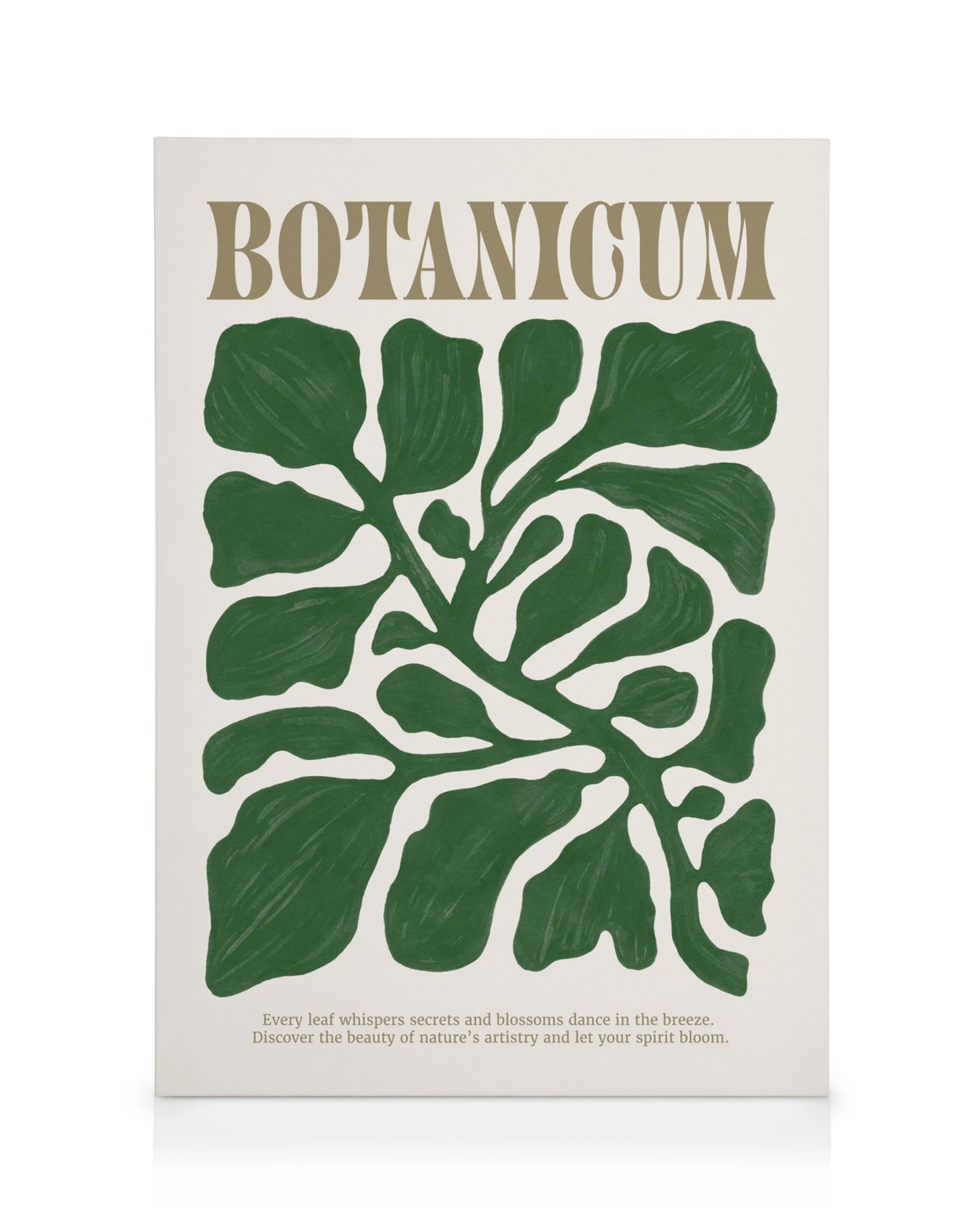 En canvastavla med gröna botaniska bladformer på en ljus bakgrund. Texten BOTANICUM och en beskrivande text om naturen finns ock