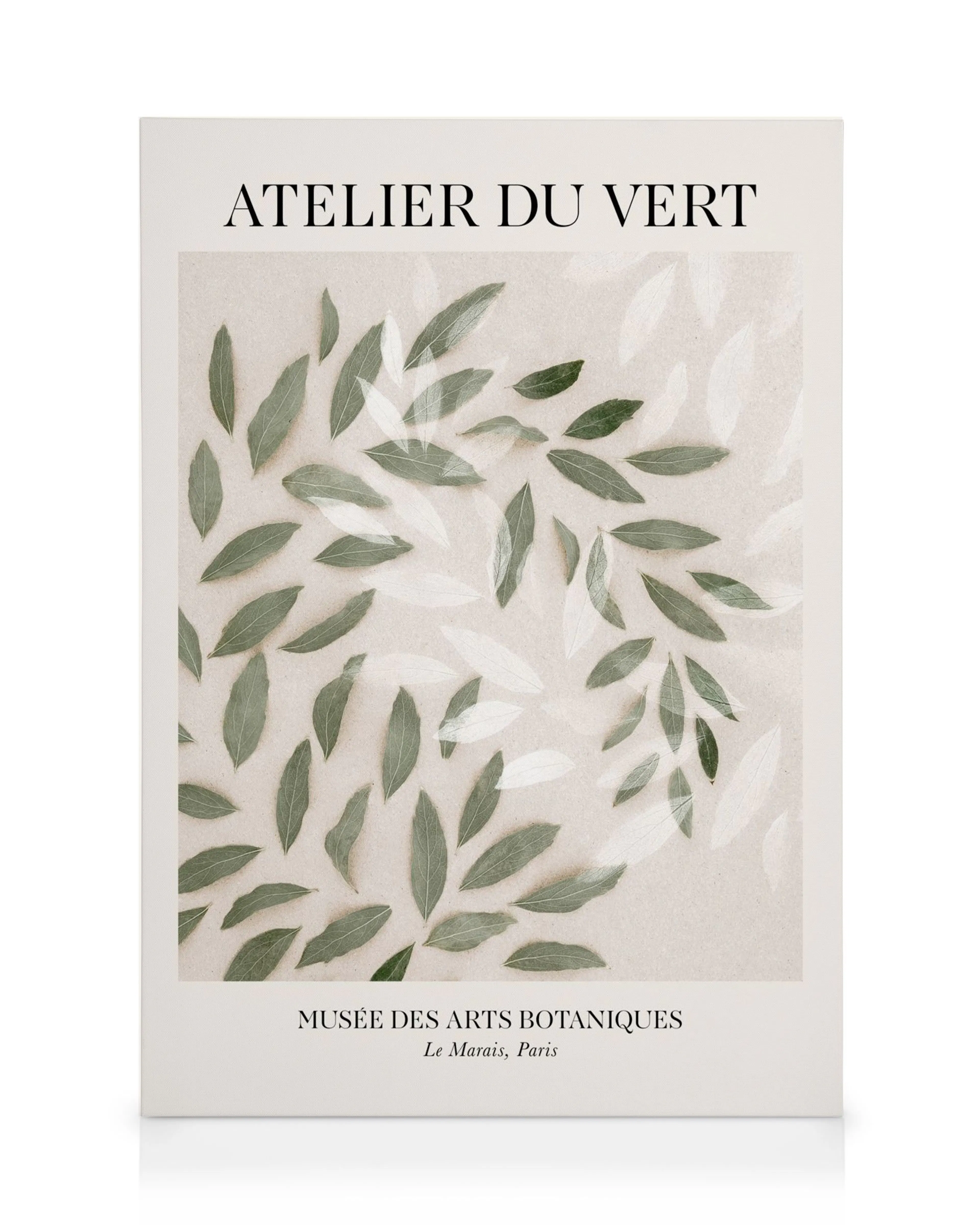 Toile Atelier du Vert avec une composition de feuilles vertes et blanches sur fond beige, au style botanique.