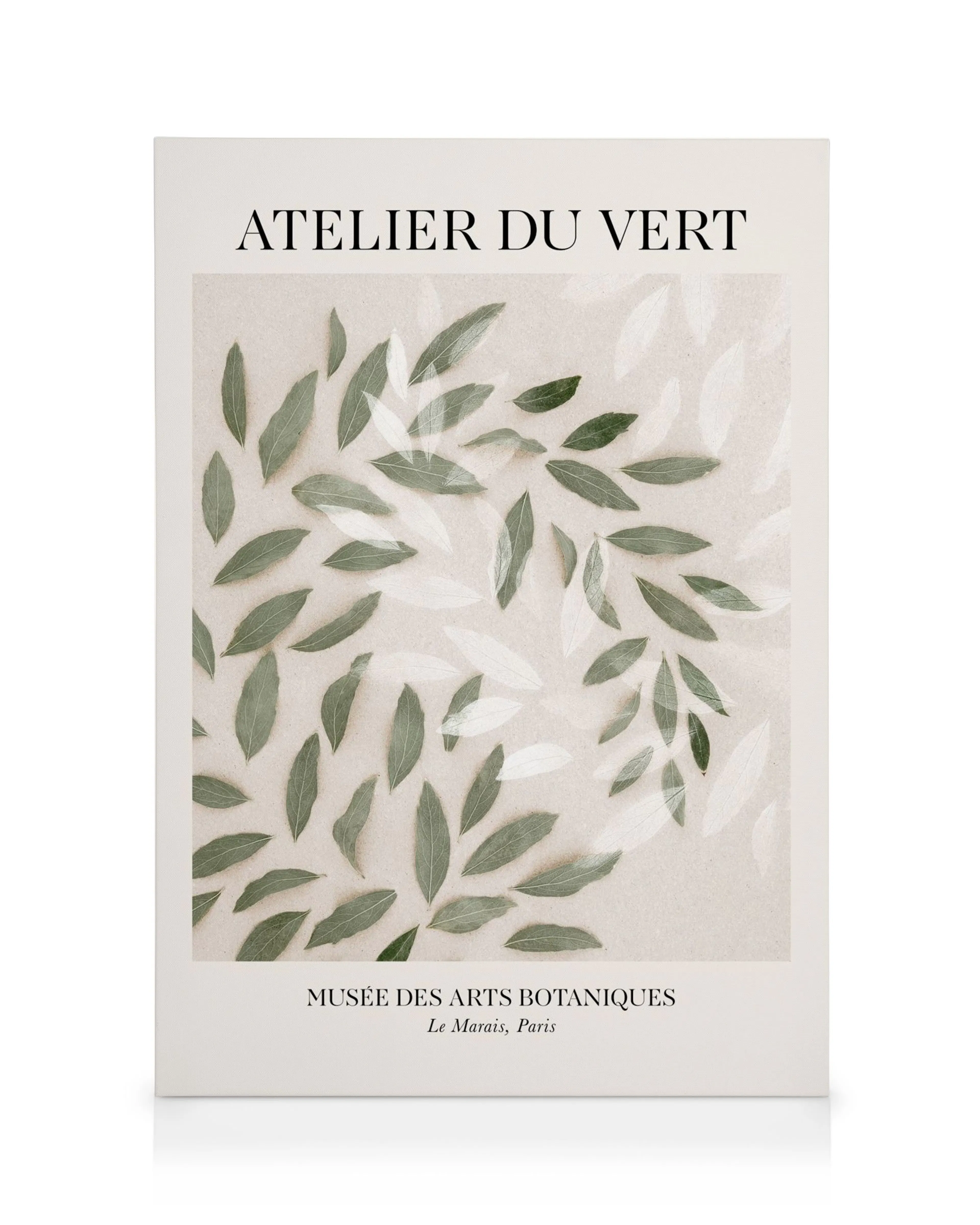 Obraz na plátně s tmavě a světle zelenými listy, které tvoří kruh, na béžovém pozadí s textem Atelier du Vert.