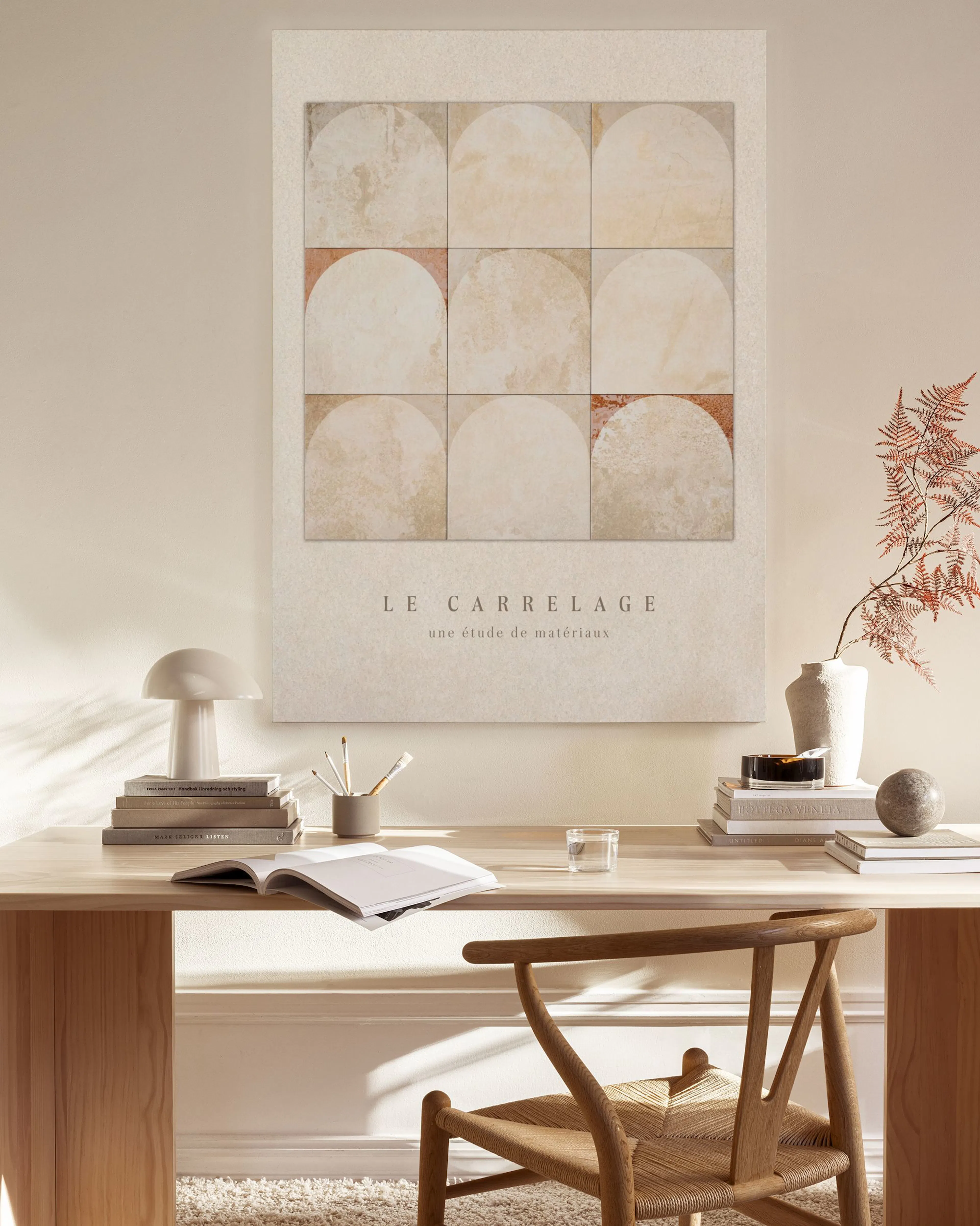 Toile Le Carrelage avec neuf motifs de carreaux beige et rouille à formes semi-circulaires, texte en bas.