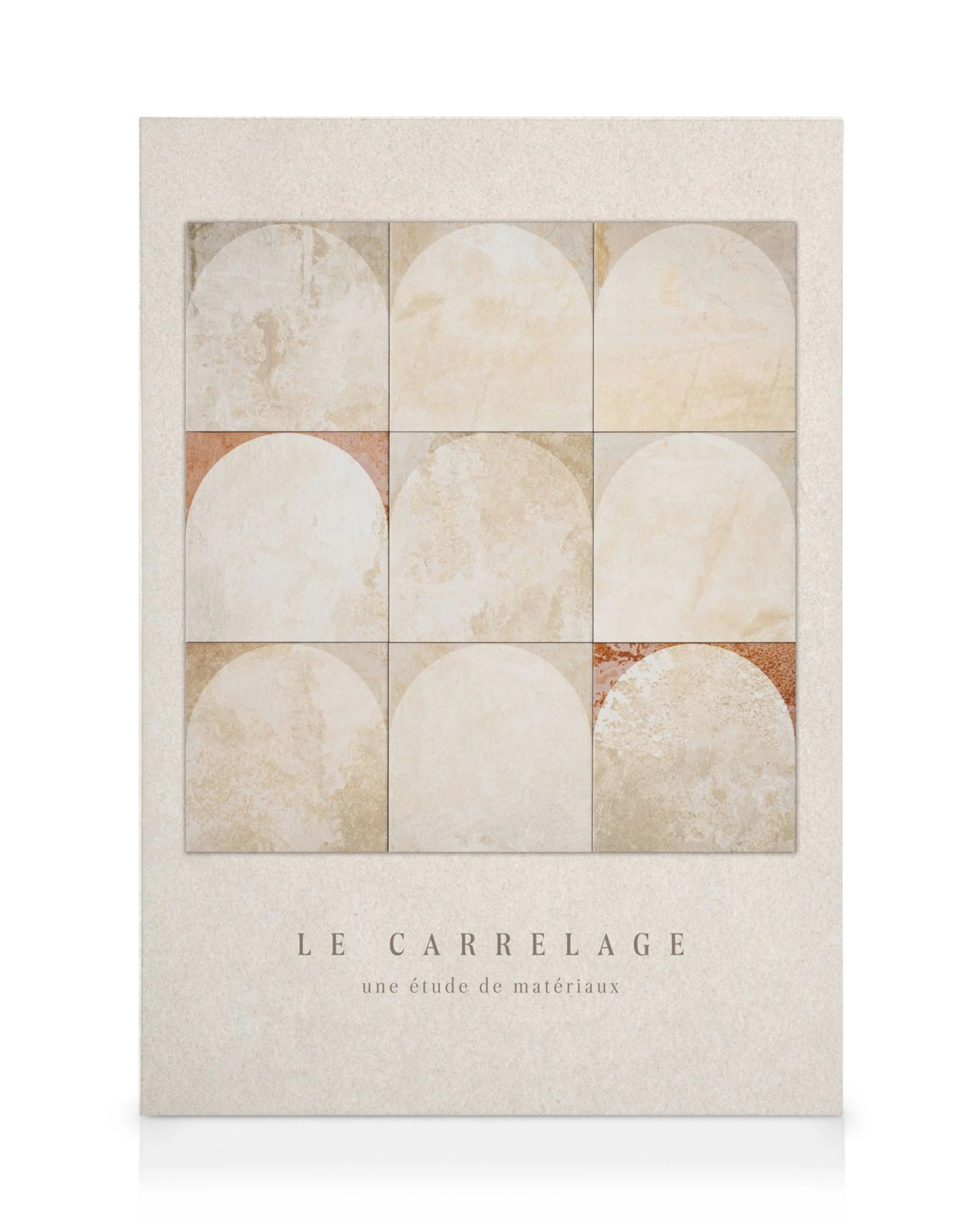Toile Le Carrelage avec neuf carreaux beiges, crème et marron, certains avec des formes en arc.