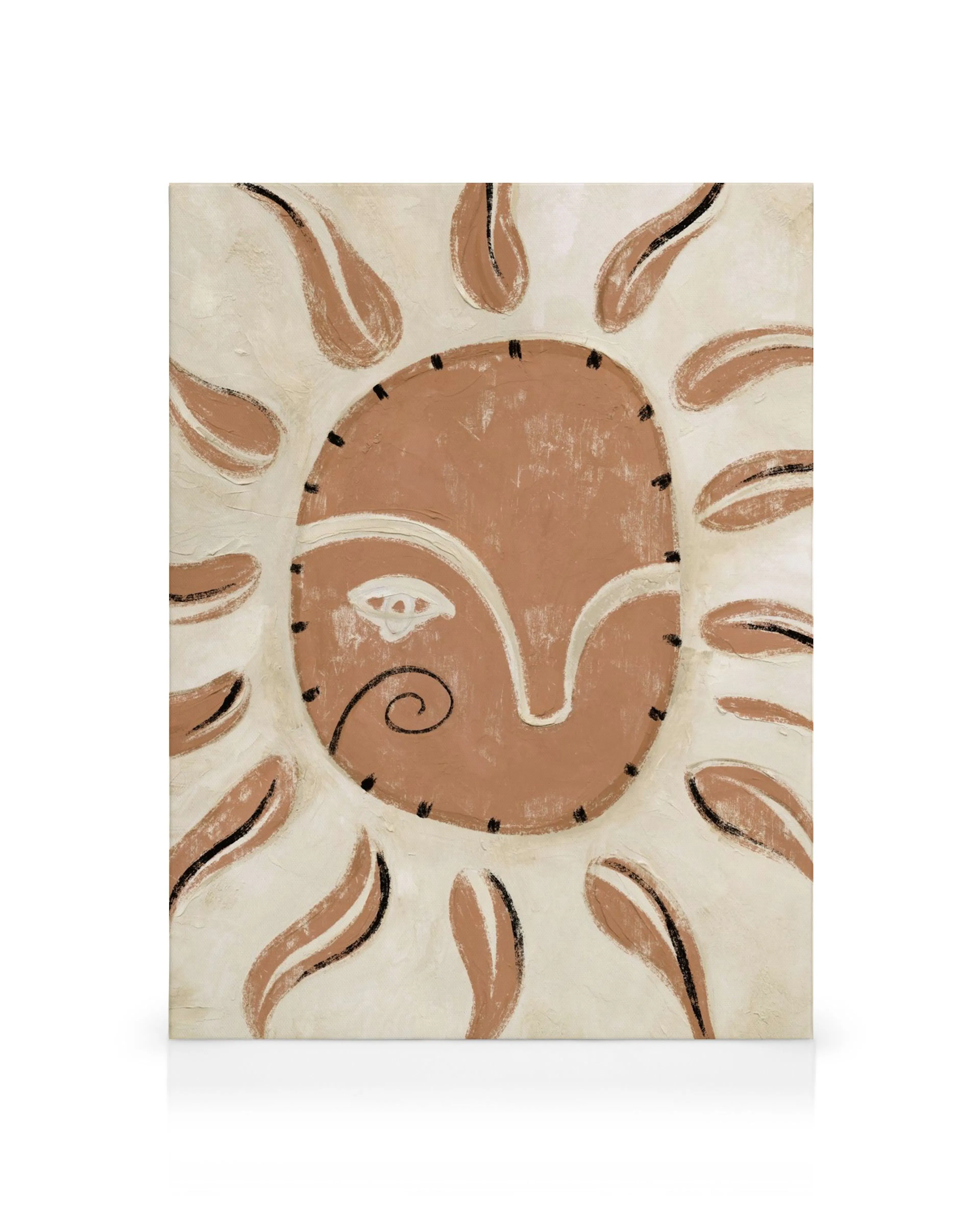 Lienzo con ilustración de un sol abstracto en tonos tierra y blanco con un rostro minimalista.