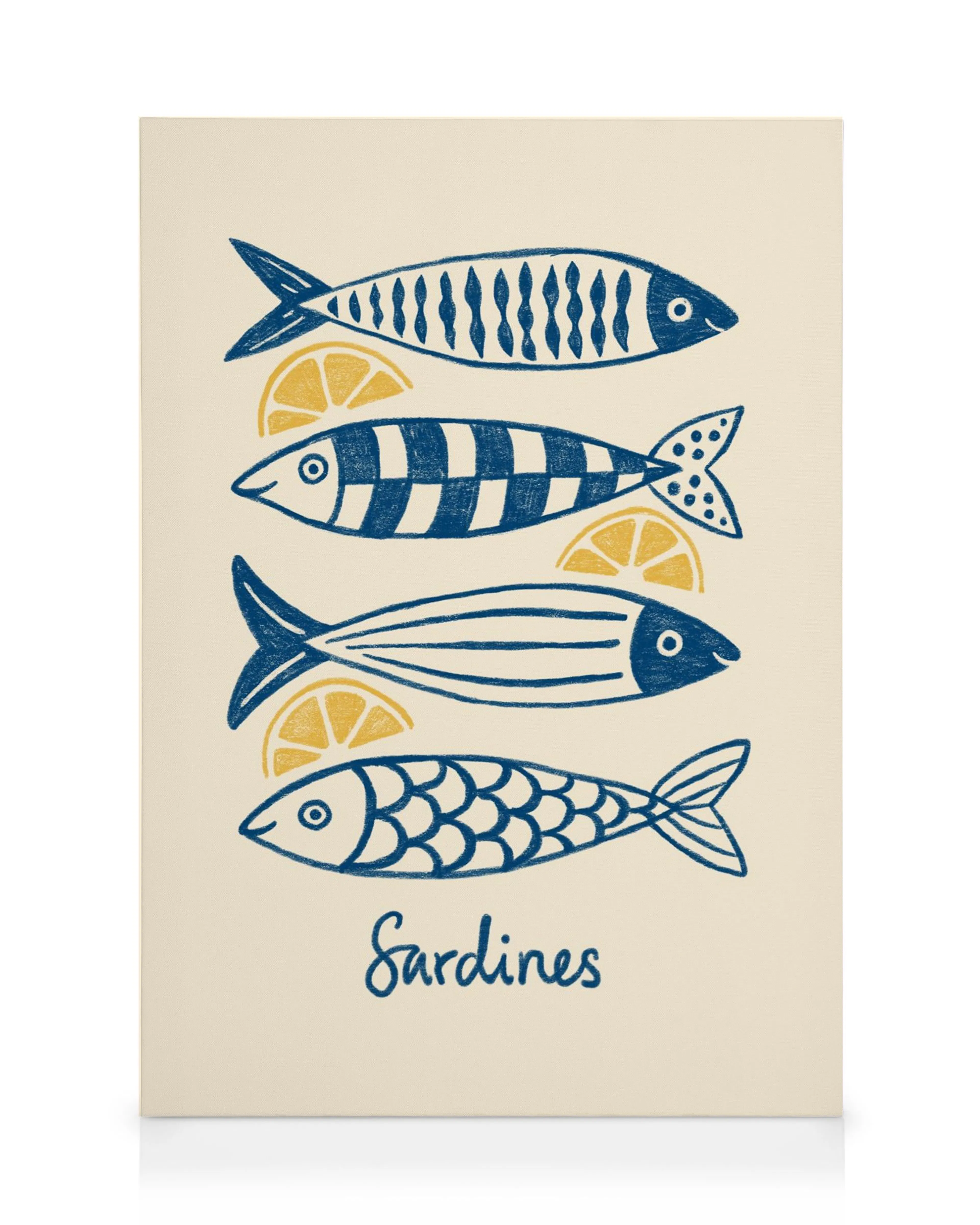 Toile Sardines avec quatre poissons bleus stylisés et des quartiers de citron jaune sur fond clair.