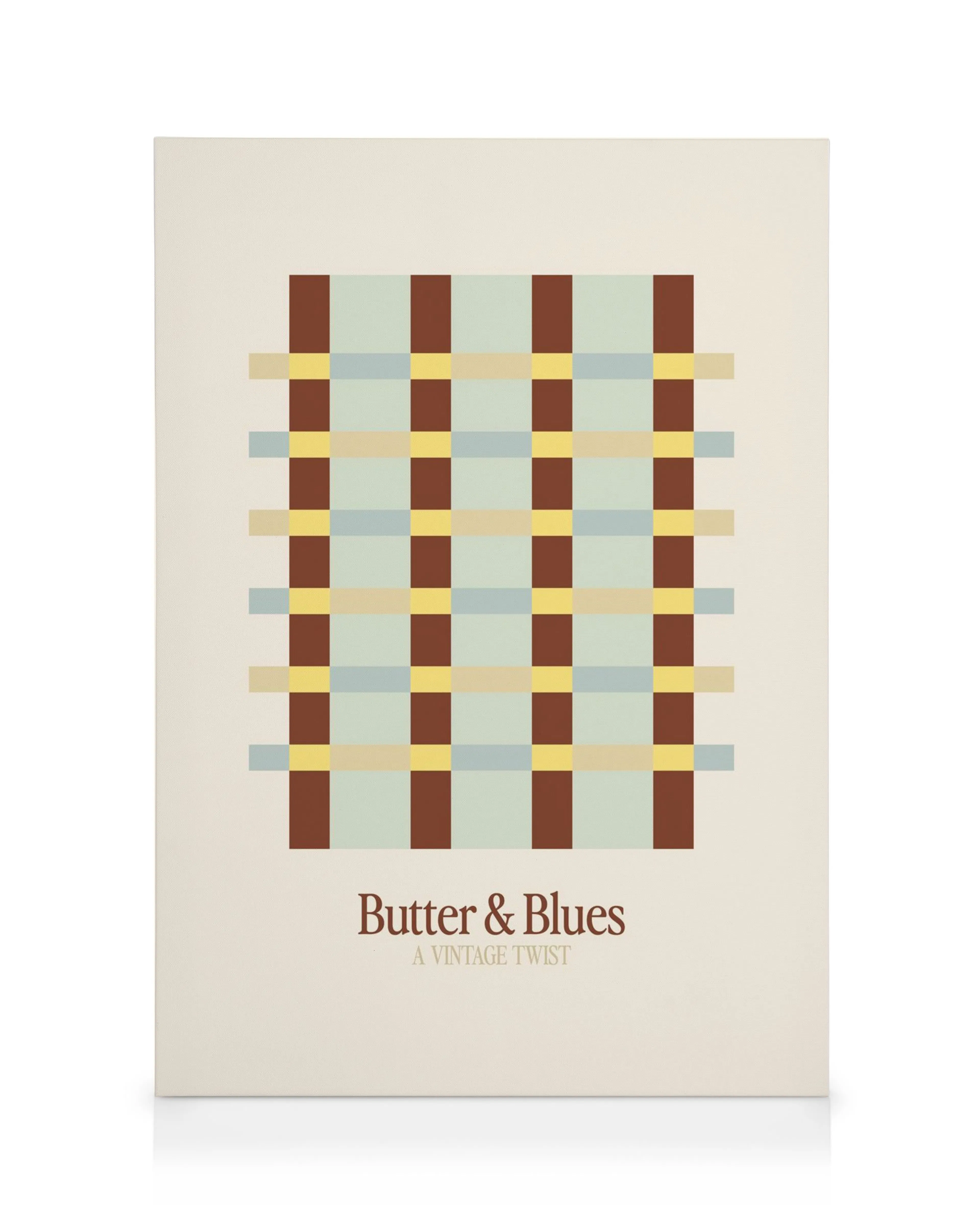 Tela decorativa com padrão de axadrezado em tons de castanho, amarelo, azul e bege, com o texto Butter & Blues.