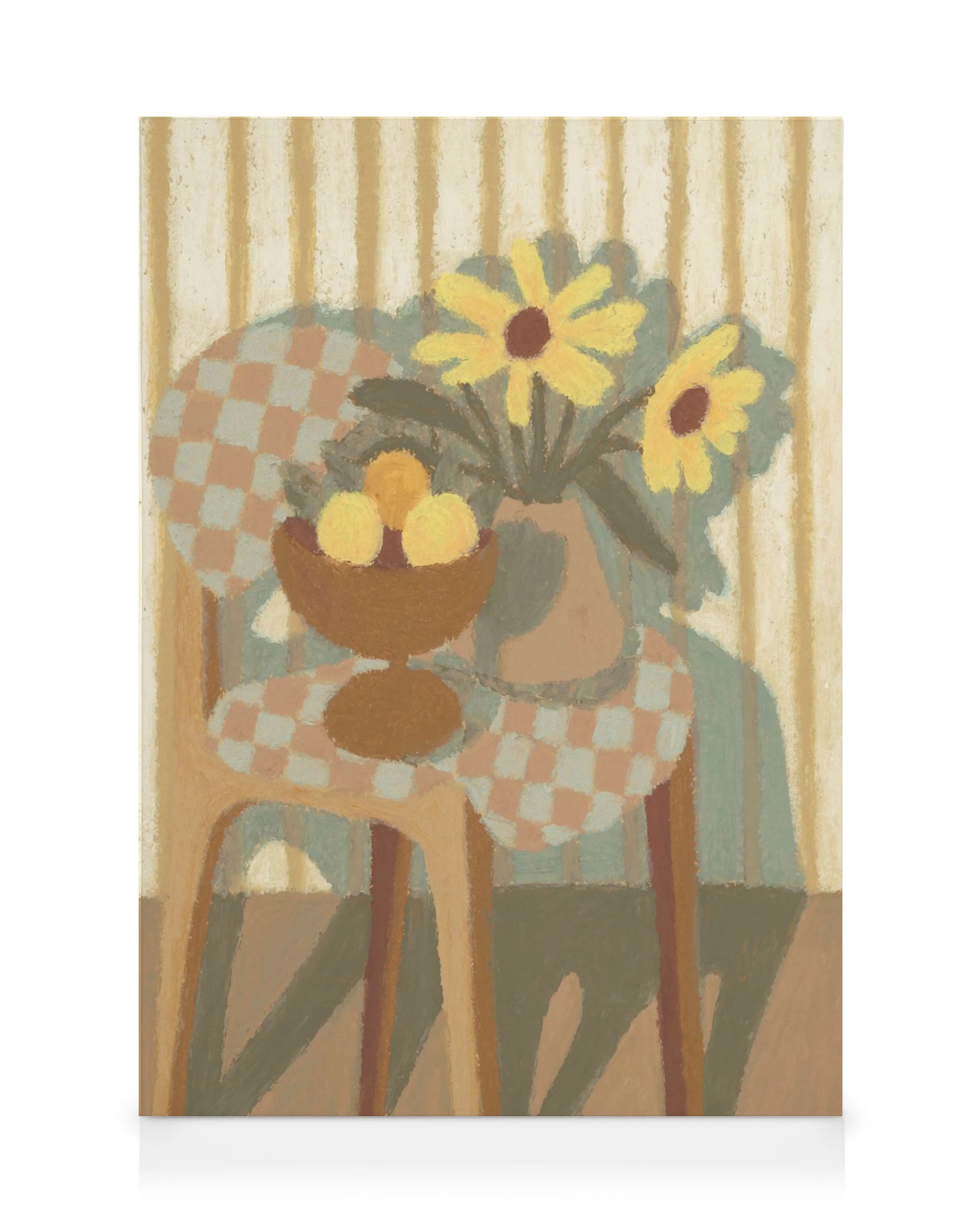 A canvas print featuring a still life with yellow flowers in a vase, a bowl of fruit, and a checkered cloth on a chair.