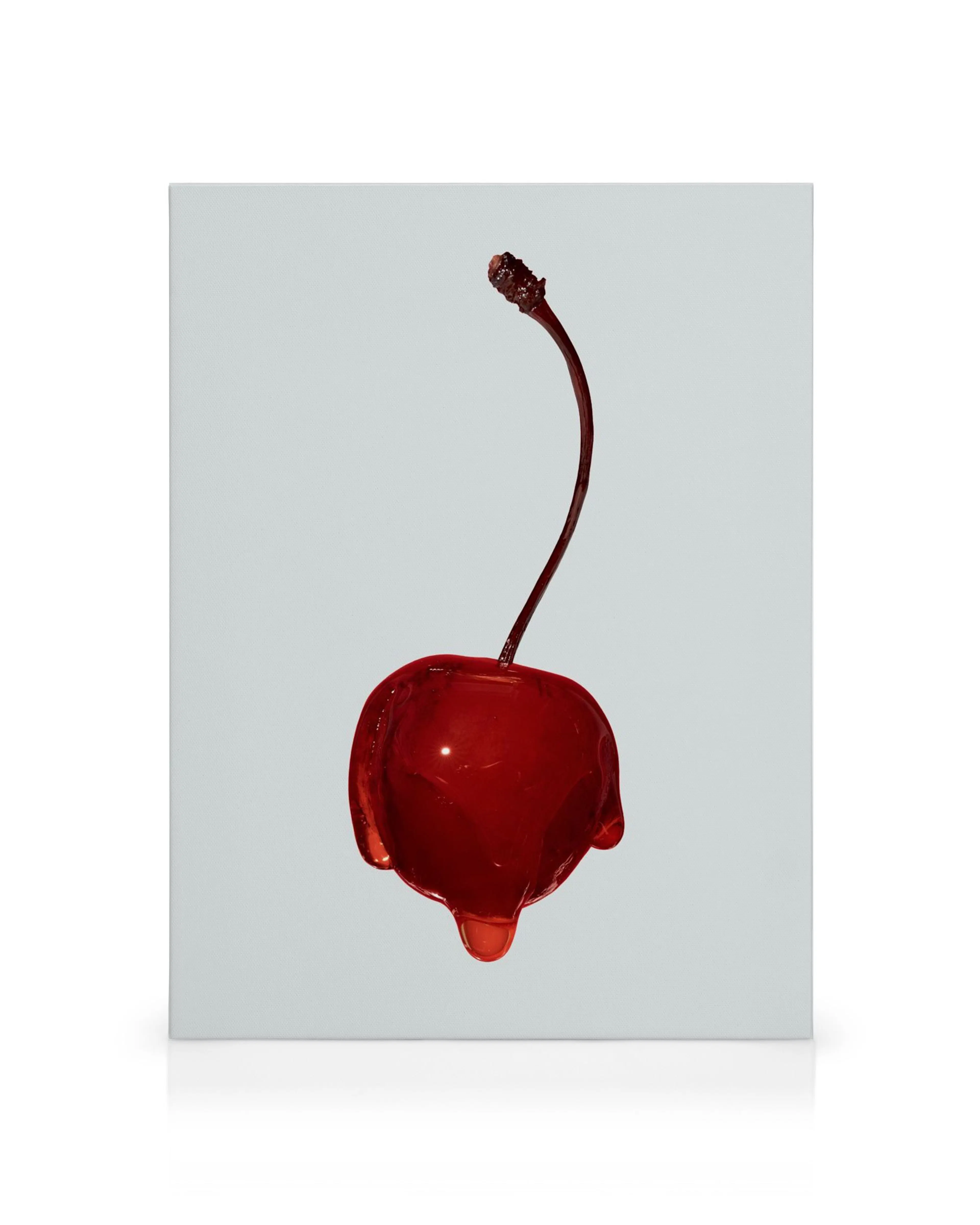 Een glimmend rood kers-achtig object met een druppel hangend aan de onderkant, op een canvas.