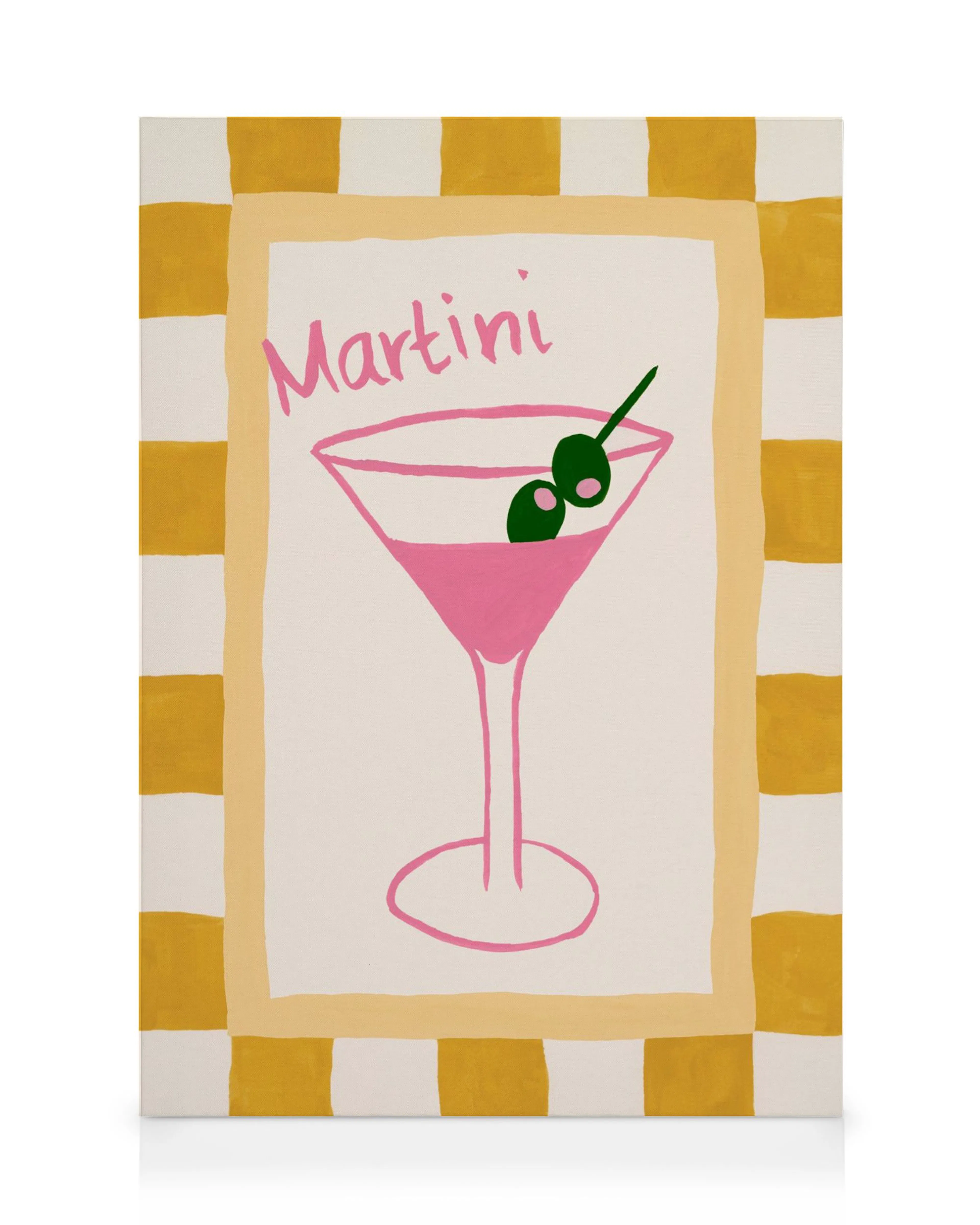 Stampa su tela con un bicchiere da Martini rosa, olive verdi e la scritta Martini, su sfondo a scacchi gialli e bianchi.