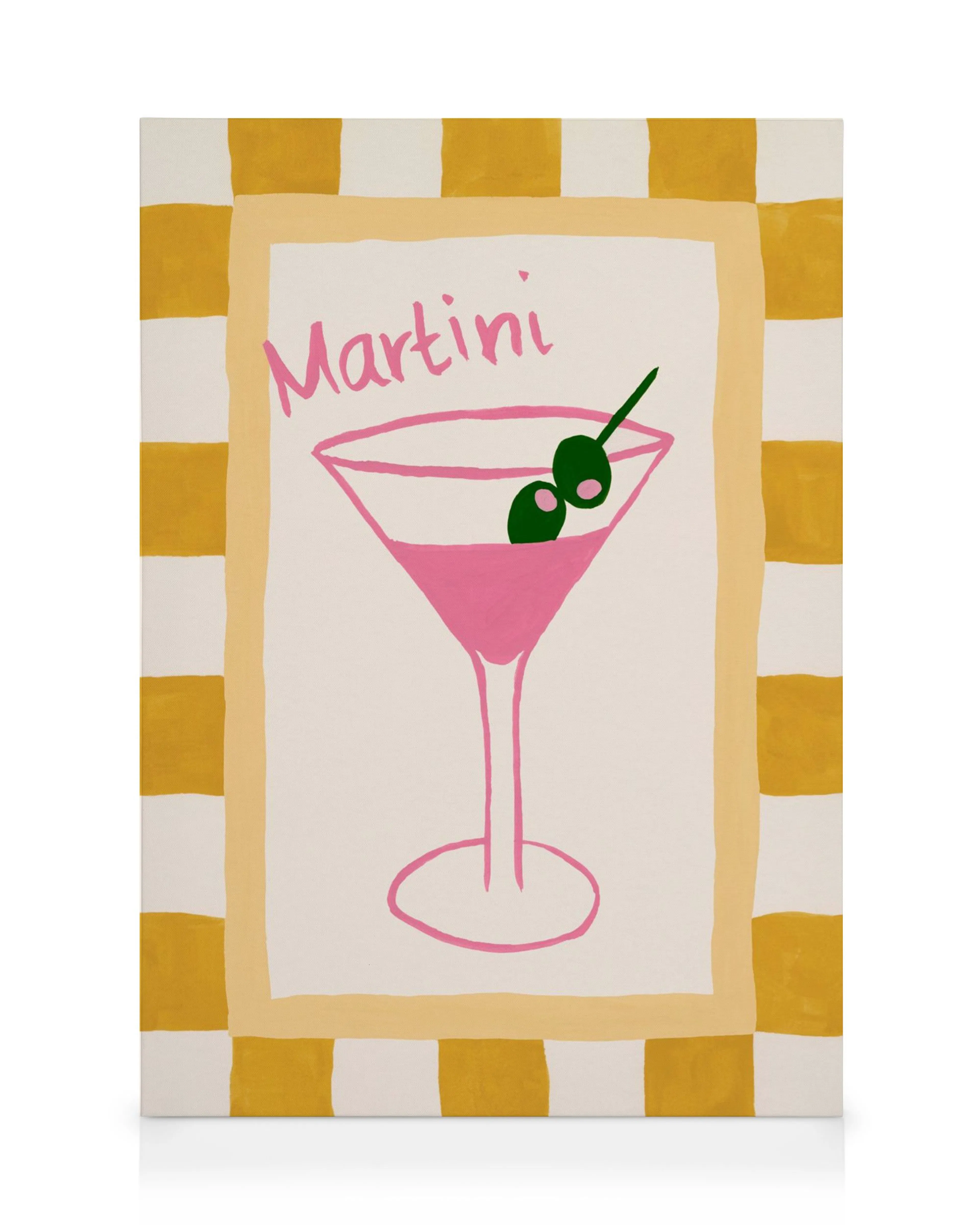 A canvas print with a playful pink martini glass, green olives, and Martini text on a white background with a yellow checkered b
