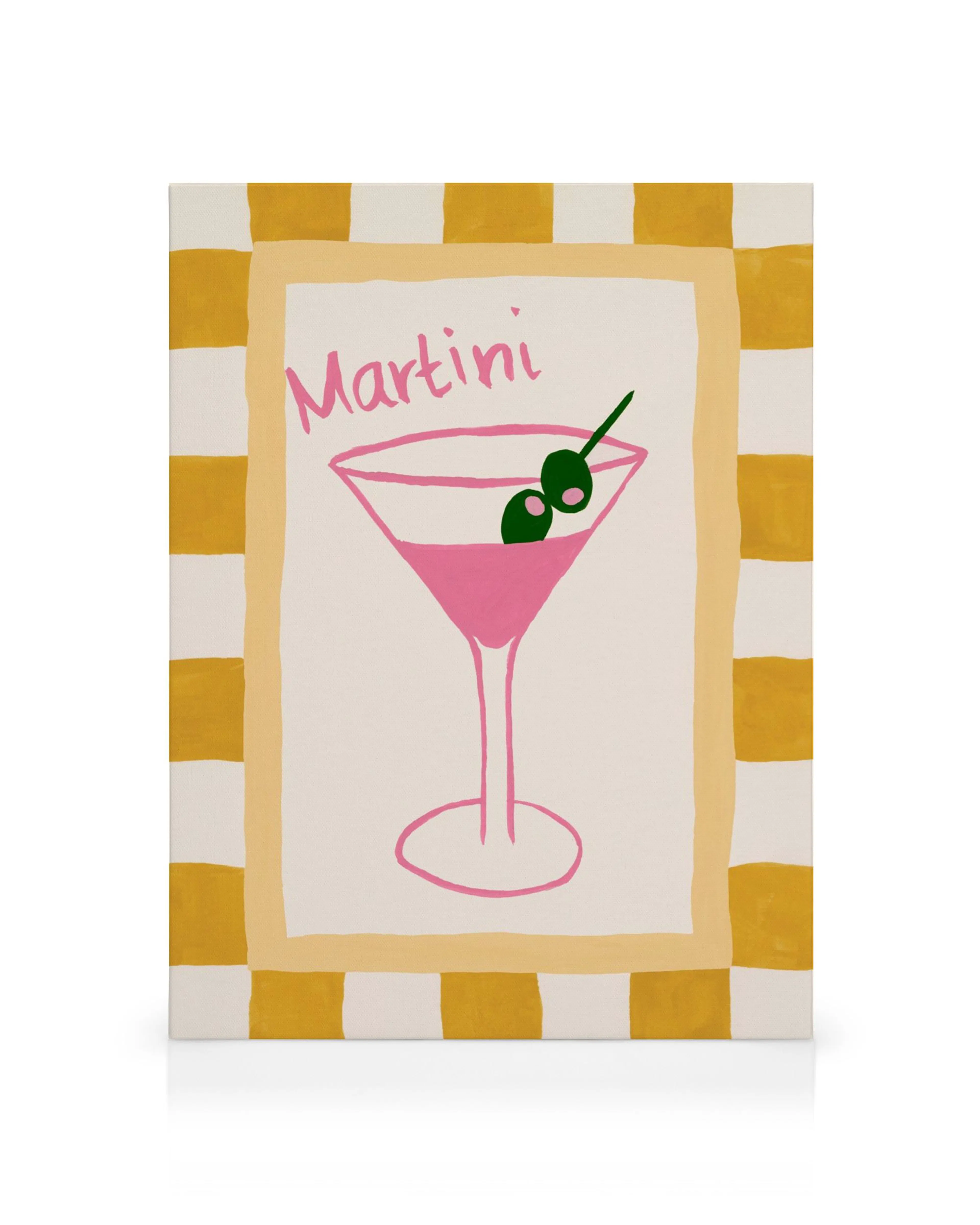Stampa su tela con un cocktail Martini rosa, scritto a mano, e un bordo a scacchi gialli e bianchi.