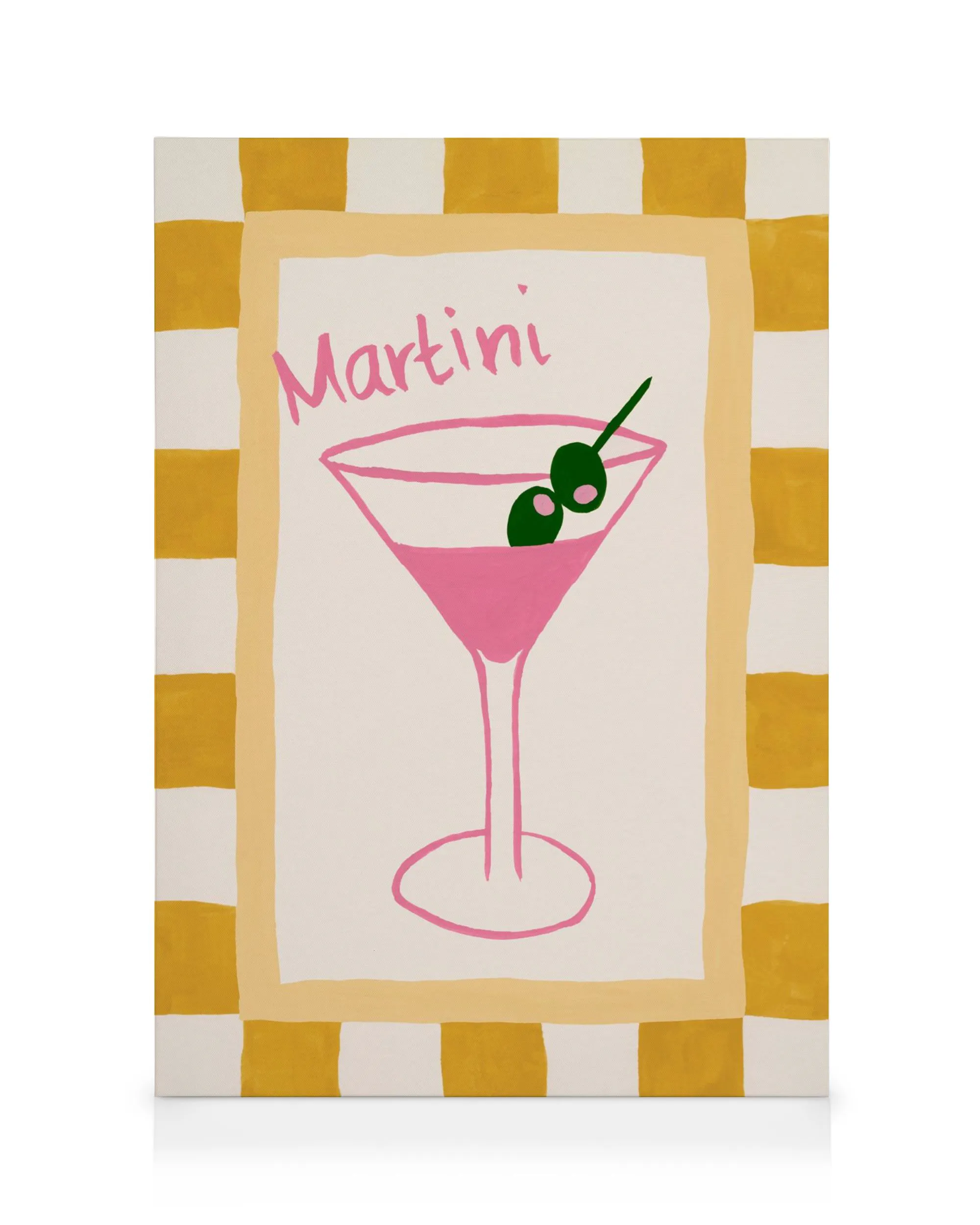 A canvas print features a pink martini glass with olives, and the word Martini on a cream background with a checkered border.