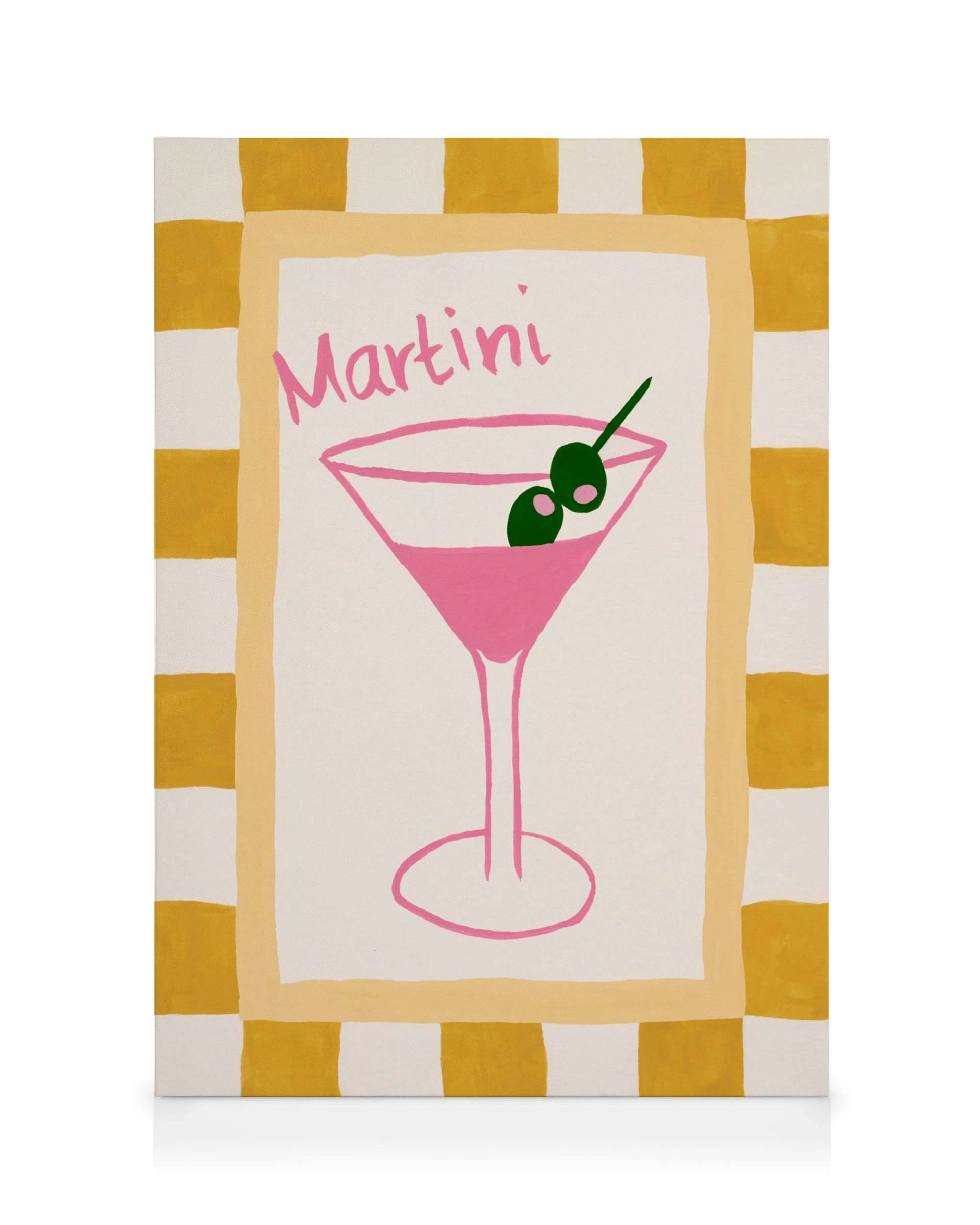 A canvas print features a pink martini glass with olives, and the word Martini on a cream background with a checkered border.