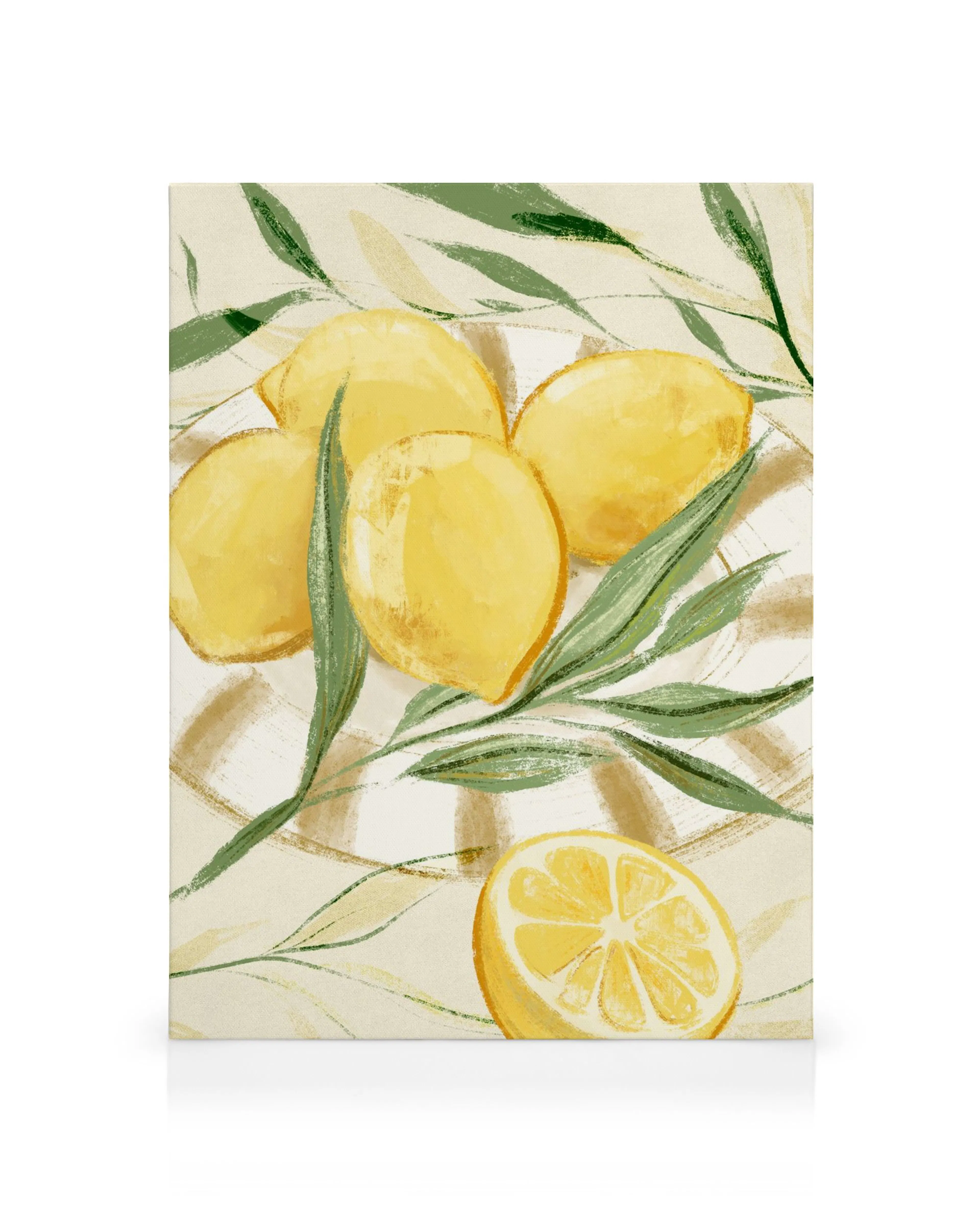 Lienzo de limones amarillos y hojas verdes sobre un plato de rayas marrones y fondo claro.