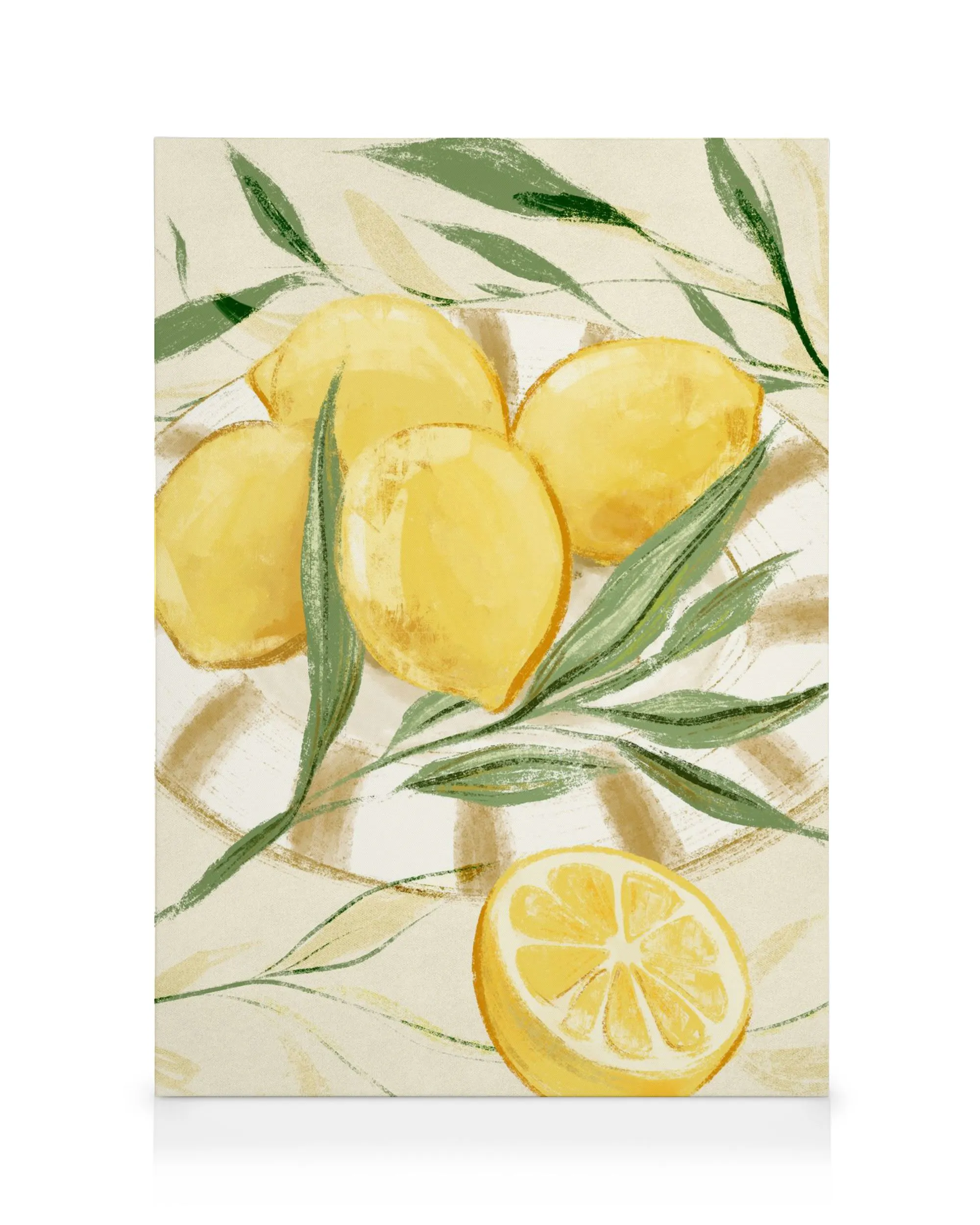 A lemon still life canvas print with whole and sliced lemons, green leaves, and brown brushstrokes on a cream background.