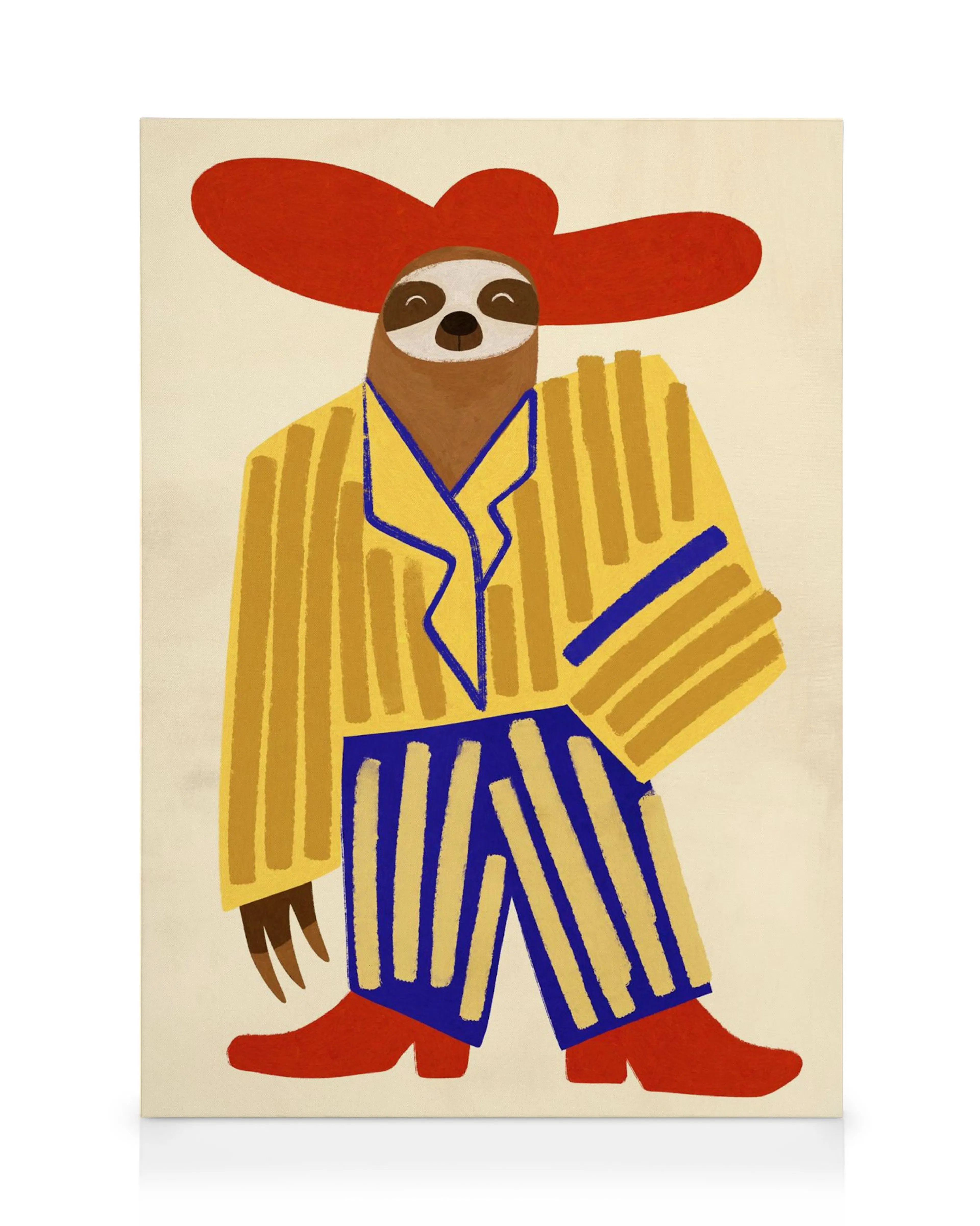 A canvas print portraying a smiling sloth wearing a red sombrero, yellow striped pajamas, and red shoes.