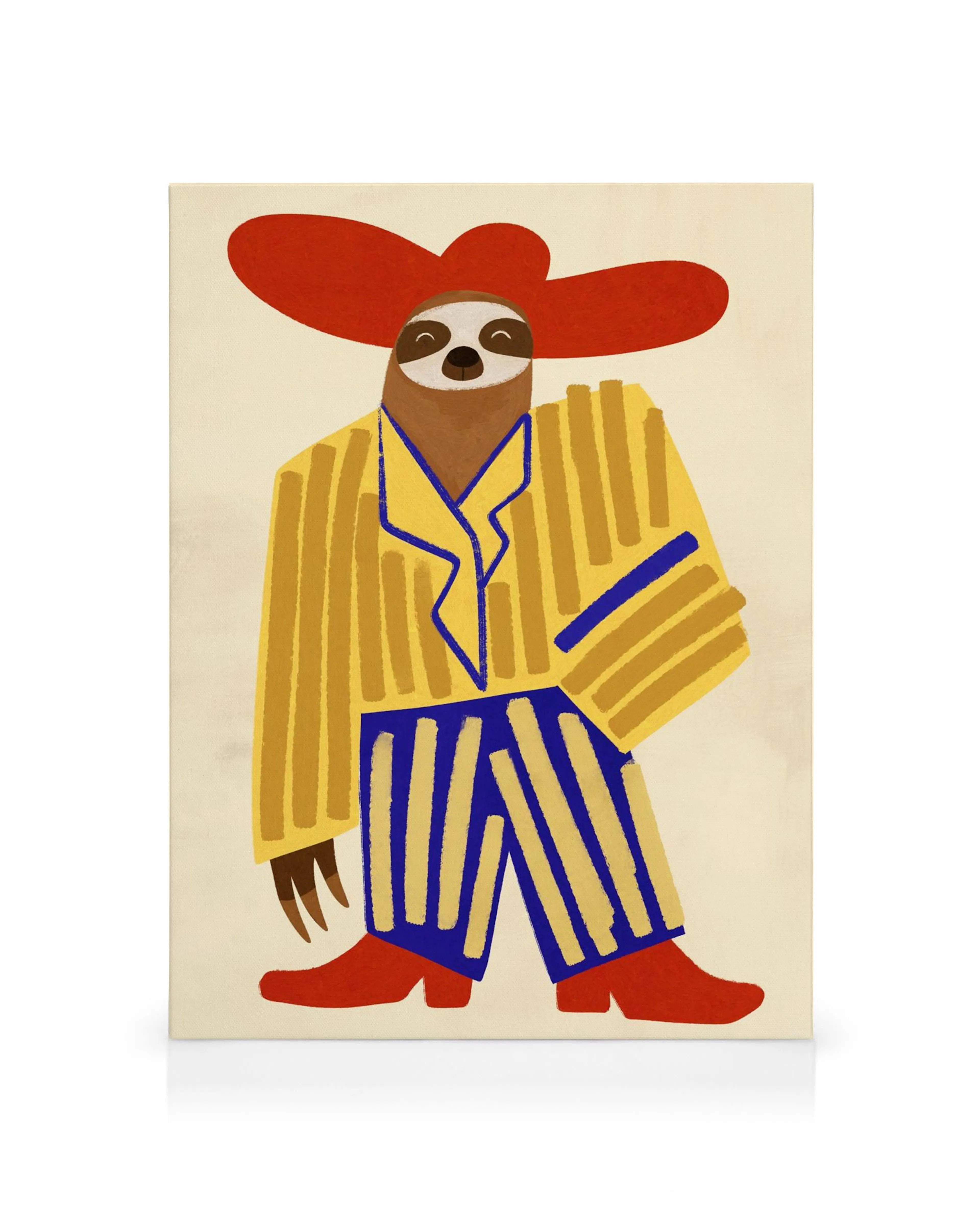 Lerretsbilde av et dovendyr i gul og blåstripete pyjamas med rød hatt og sko, på en lys bakgrunn.