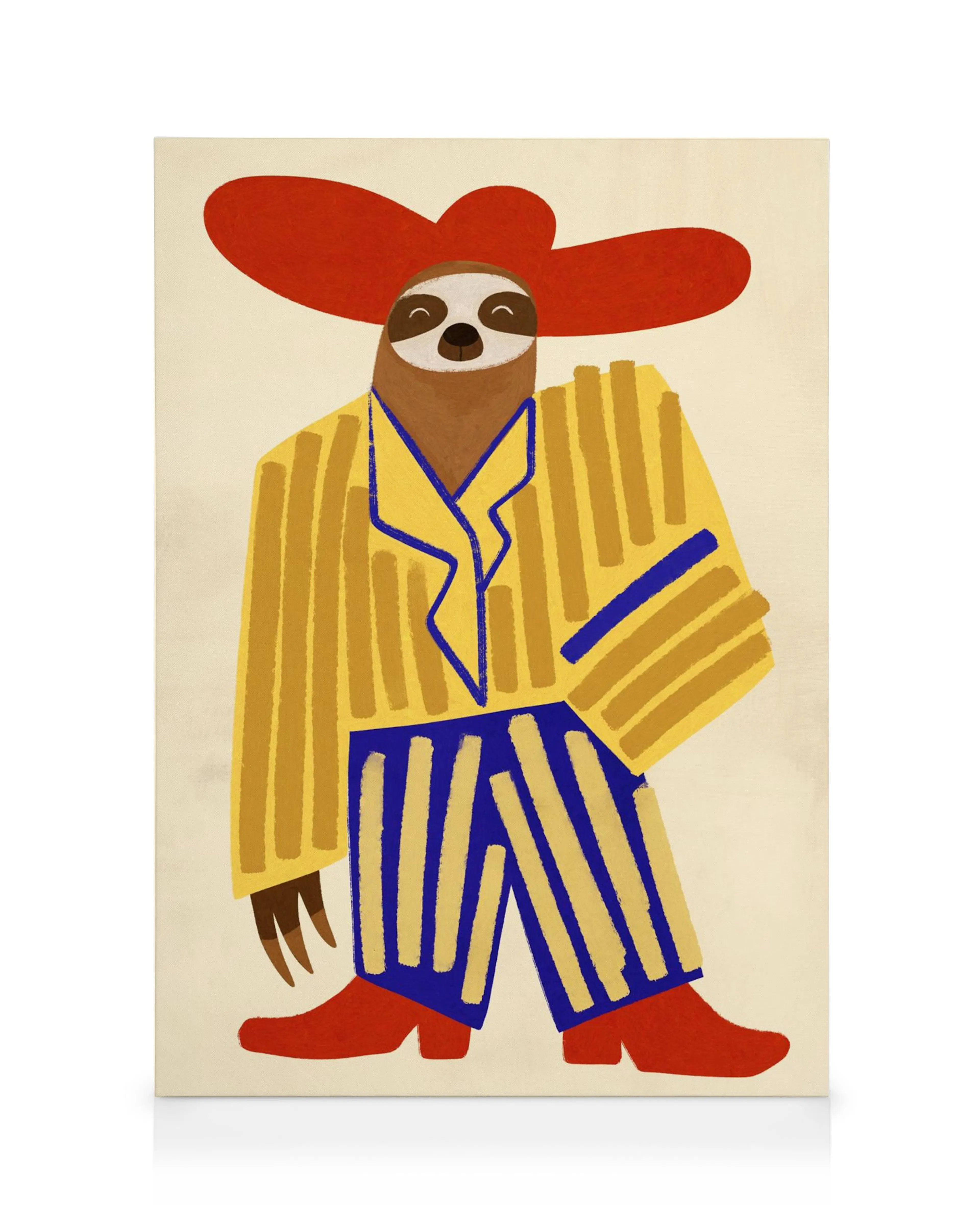 Stampa su tela di un bradipo sorridente con un cappello rosso, abito a righe gialle e blu, e scarpe rosse.