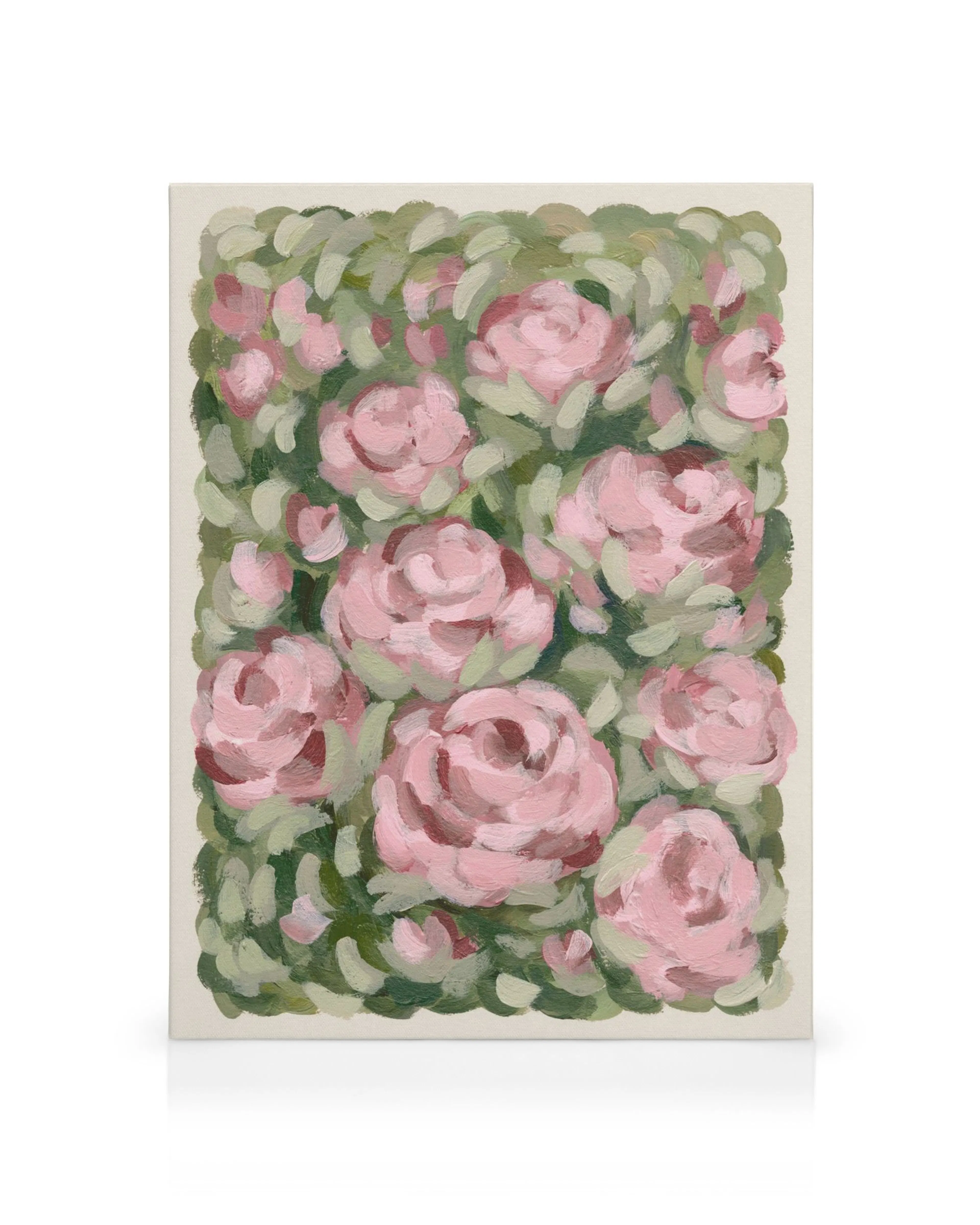 Tela decorativa com pintura de rosas cor-de-rosa em pinceladas soltas sobre fundo de folhagem verde.