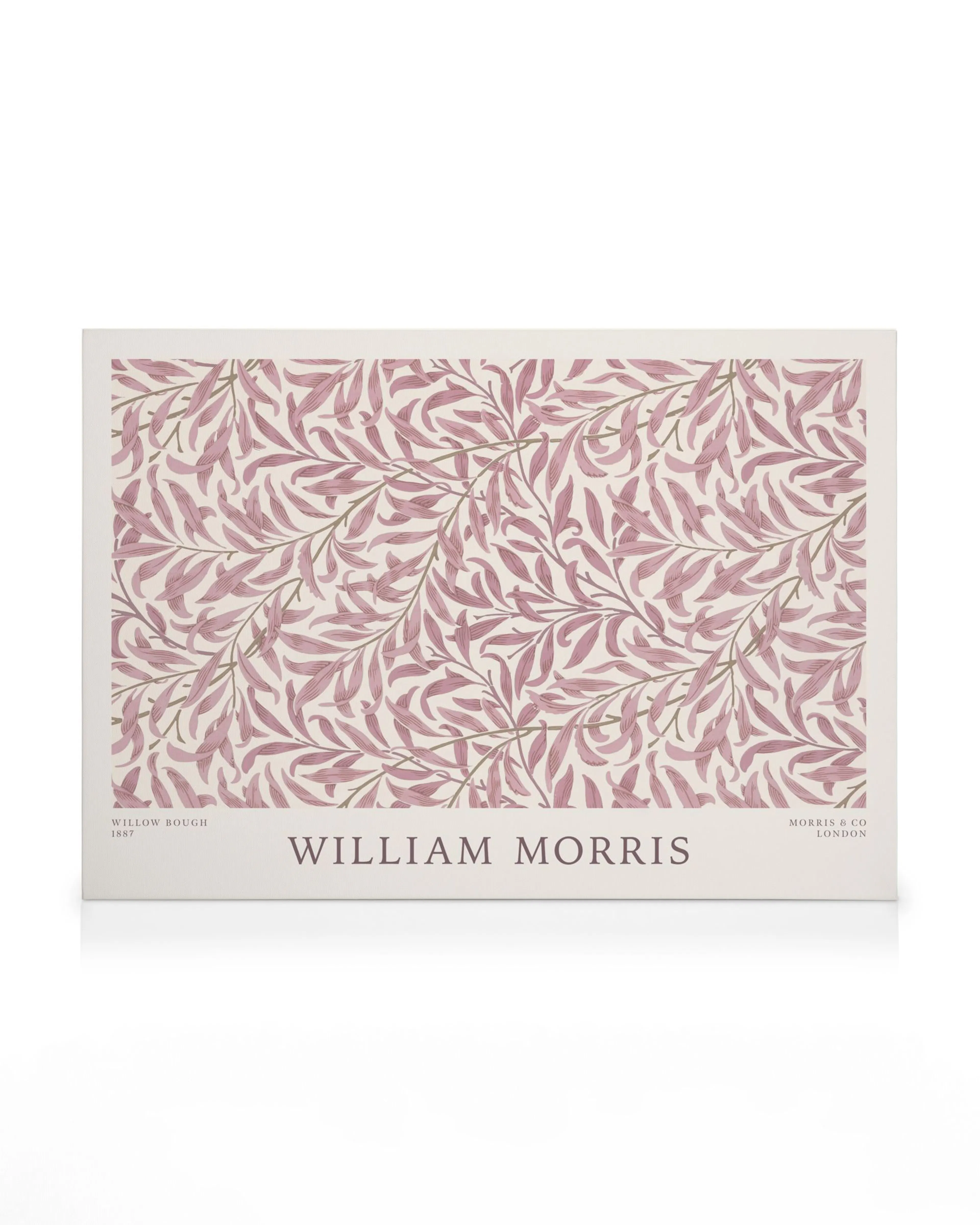 Leinwandbild mit William Morris Willow Bough-Muster: rosa Weidenblätter und Äste auf hellem Hintergrund.