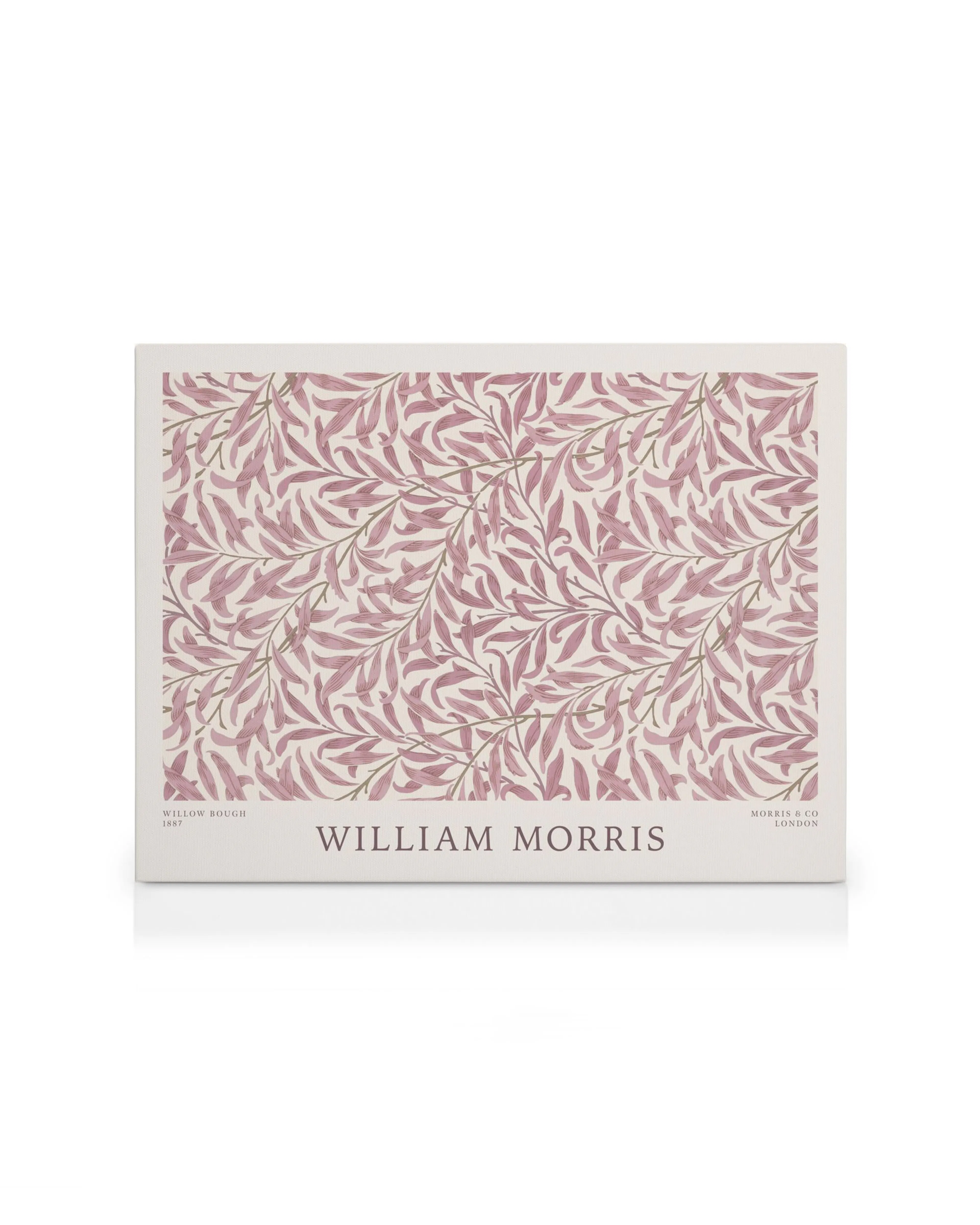 Lerretsbilde med William Morris Willow Bough-mønster i lilla og grønt på en lys bakgrunn, med tekst.