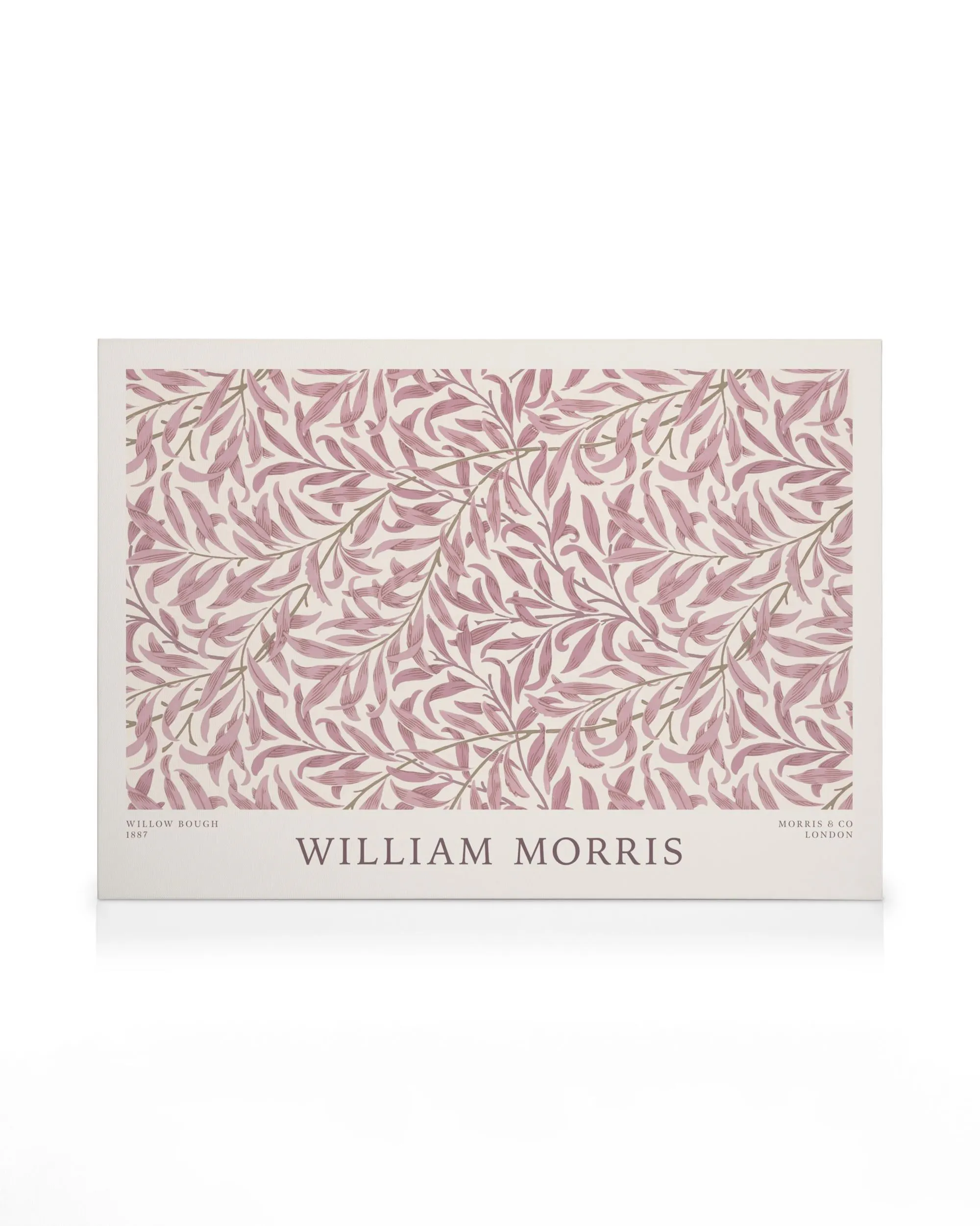 A canvas print featuring William Morriss Willow Bough design with repeating pink leaves on a light background.