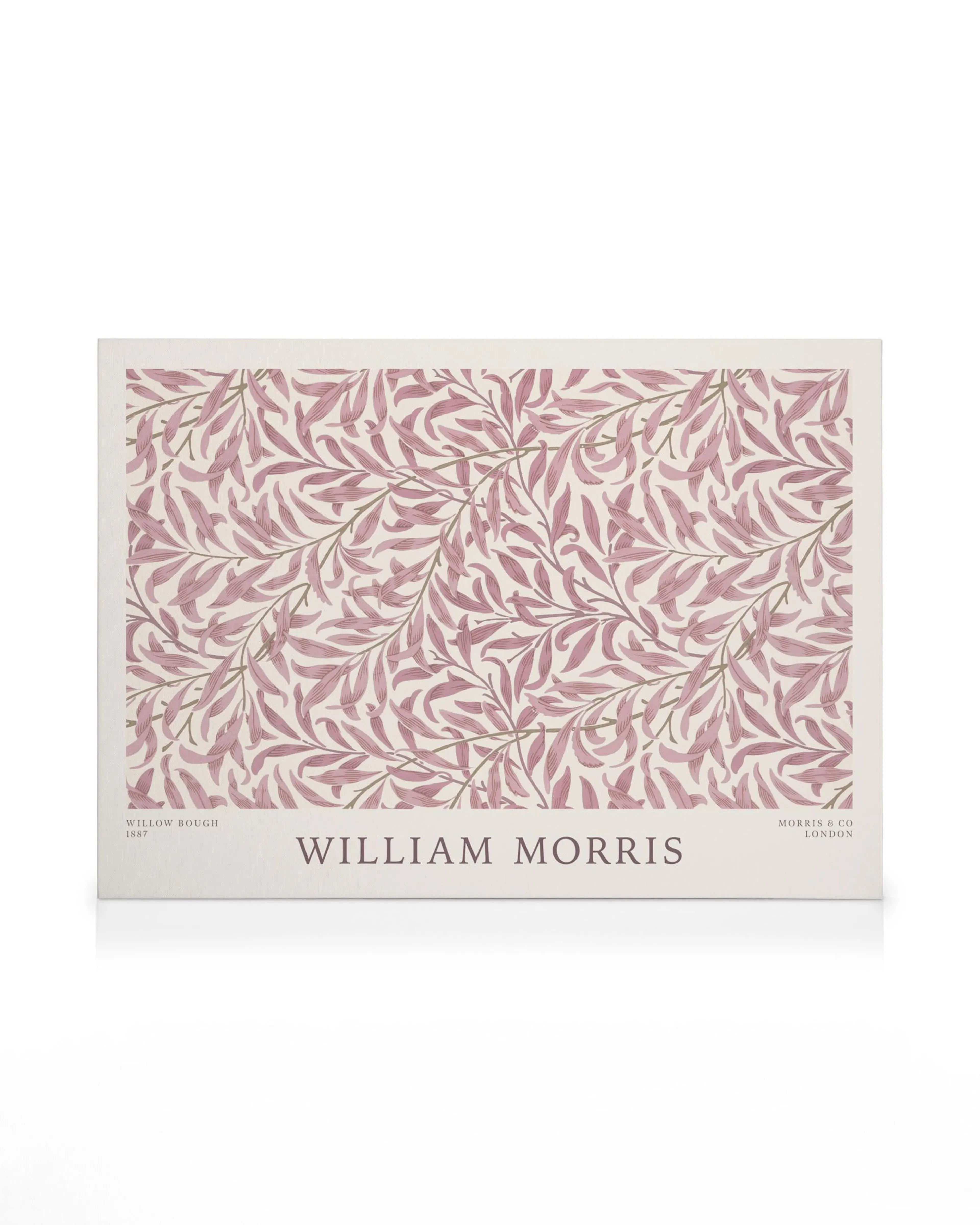 A canvas print featuring William Morriss Willow Bough design with repeating pink leaves on a light background.
