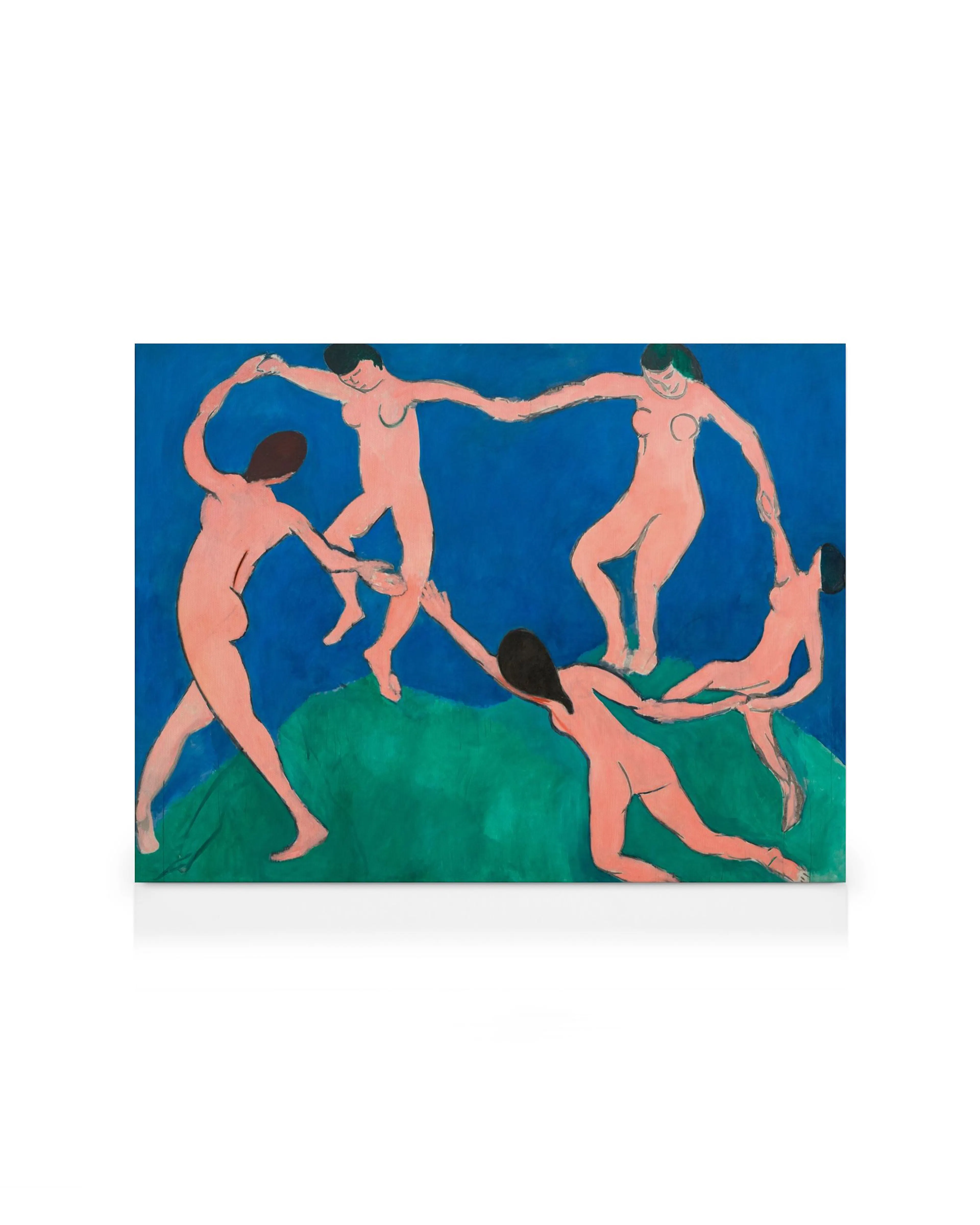 Tela decorativa com cinco figuras nuas dançando num círculo sobre uma colina verde, com um céu azul vibrante.