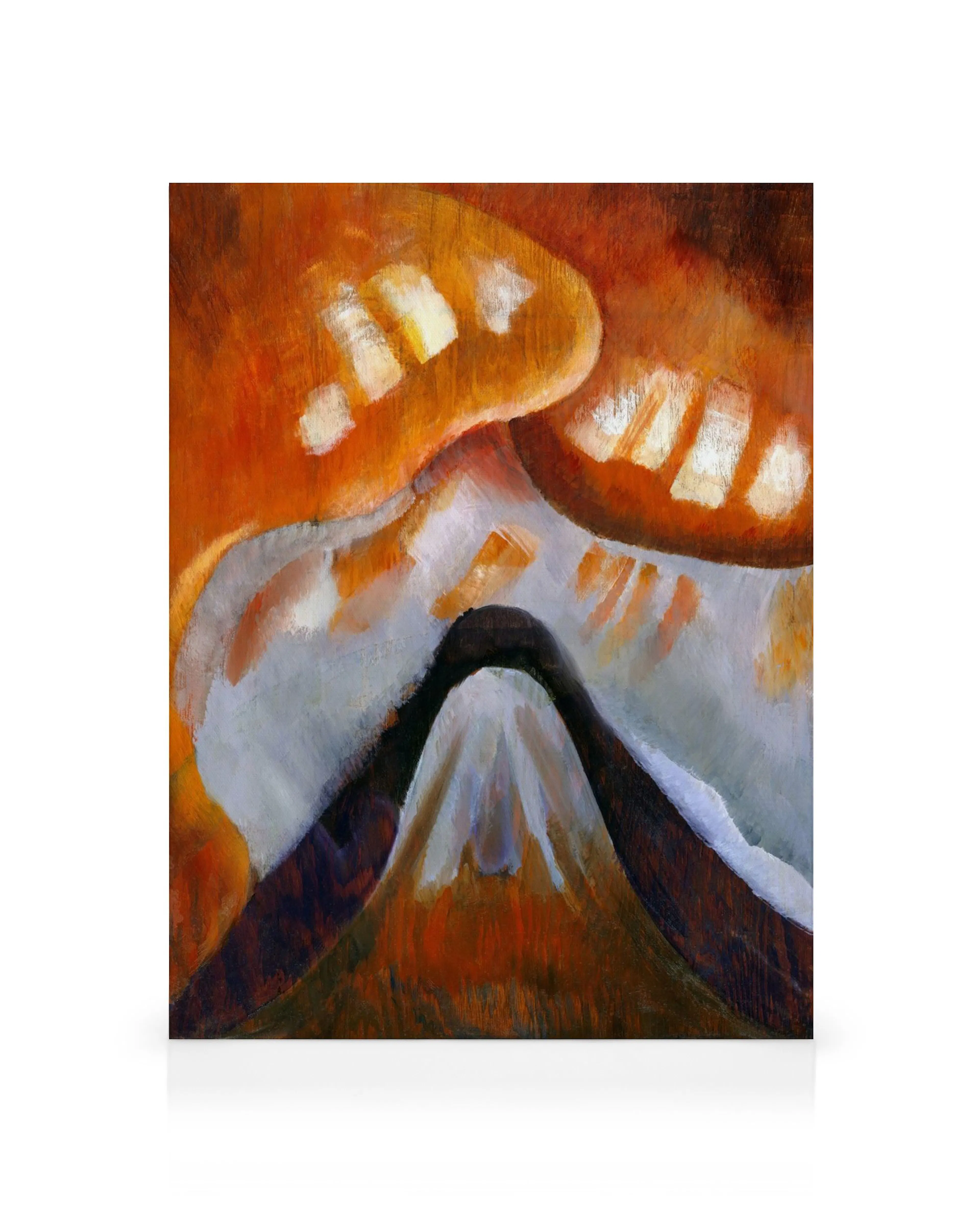 Arthur Dove, Mountain and Sky lærred. Abstrakt landskab med orange himmel, hvide skyer og mørke bjerge.
