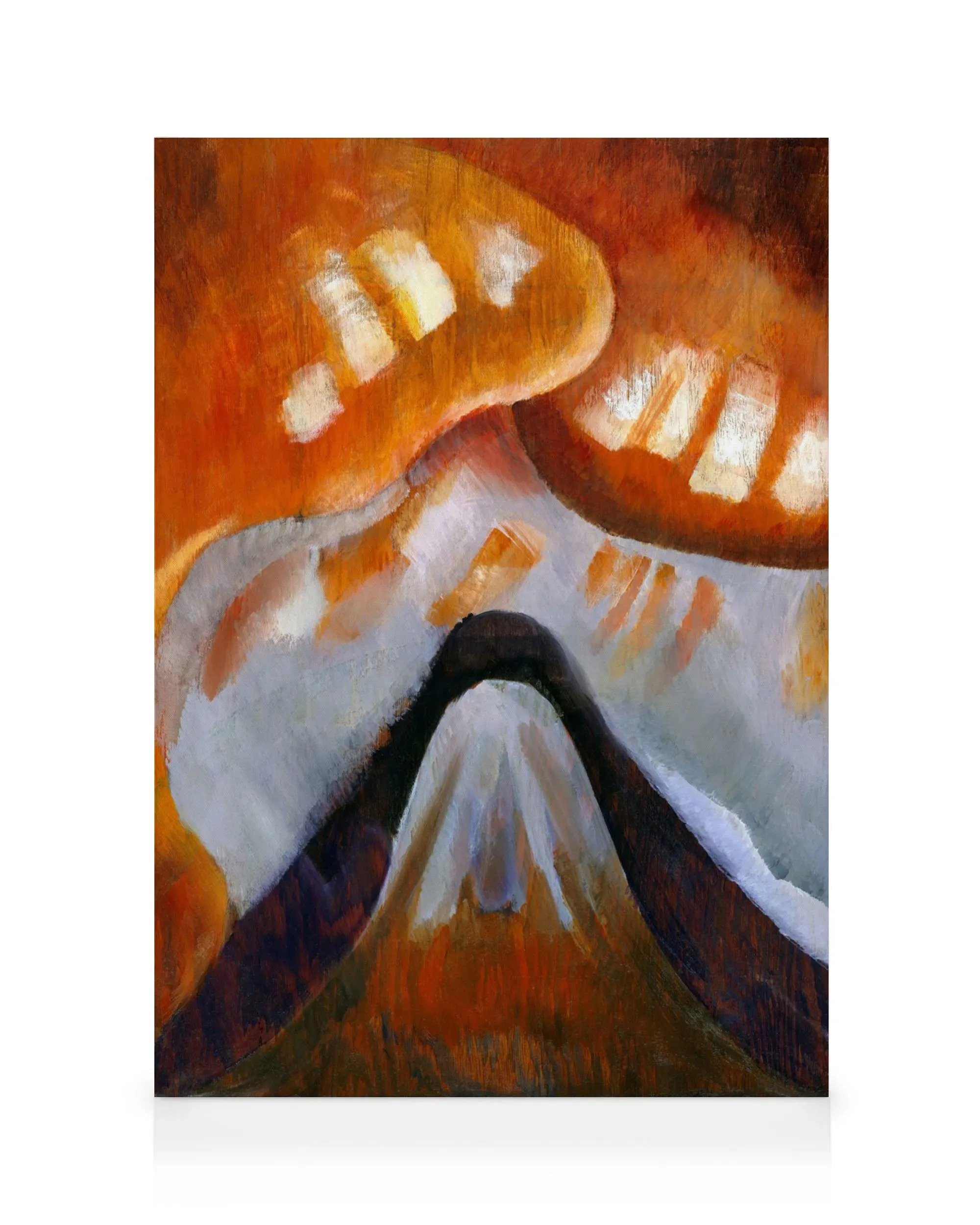 Arthur Doven Mountain and Sky -kanvaasi, abstrakti maalaus vuorista ja taivaasta oranssin, valkoisen ja mustan sävyissä.