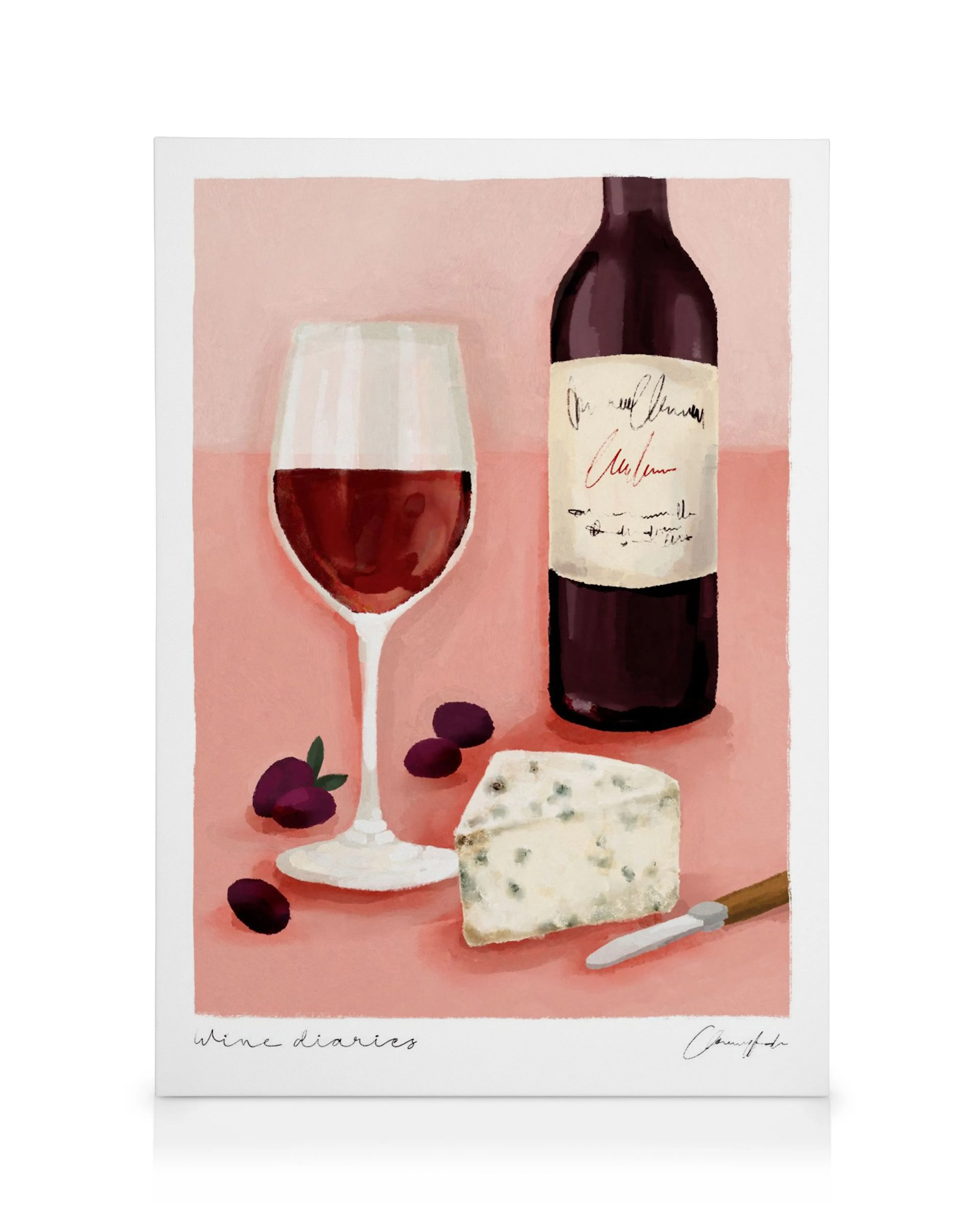 Toile nature morte dune bouteille et verre de vin rouge, fromage bleu et quelques raisins sur fond rose, style peinture à lhuile