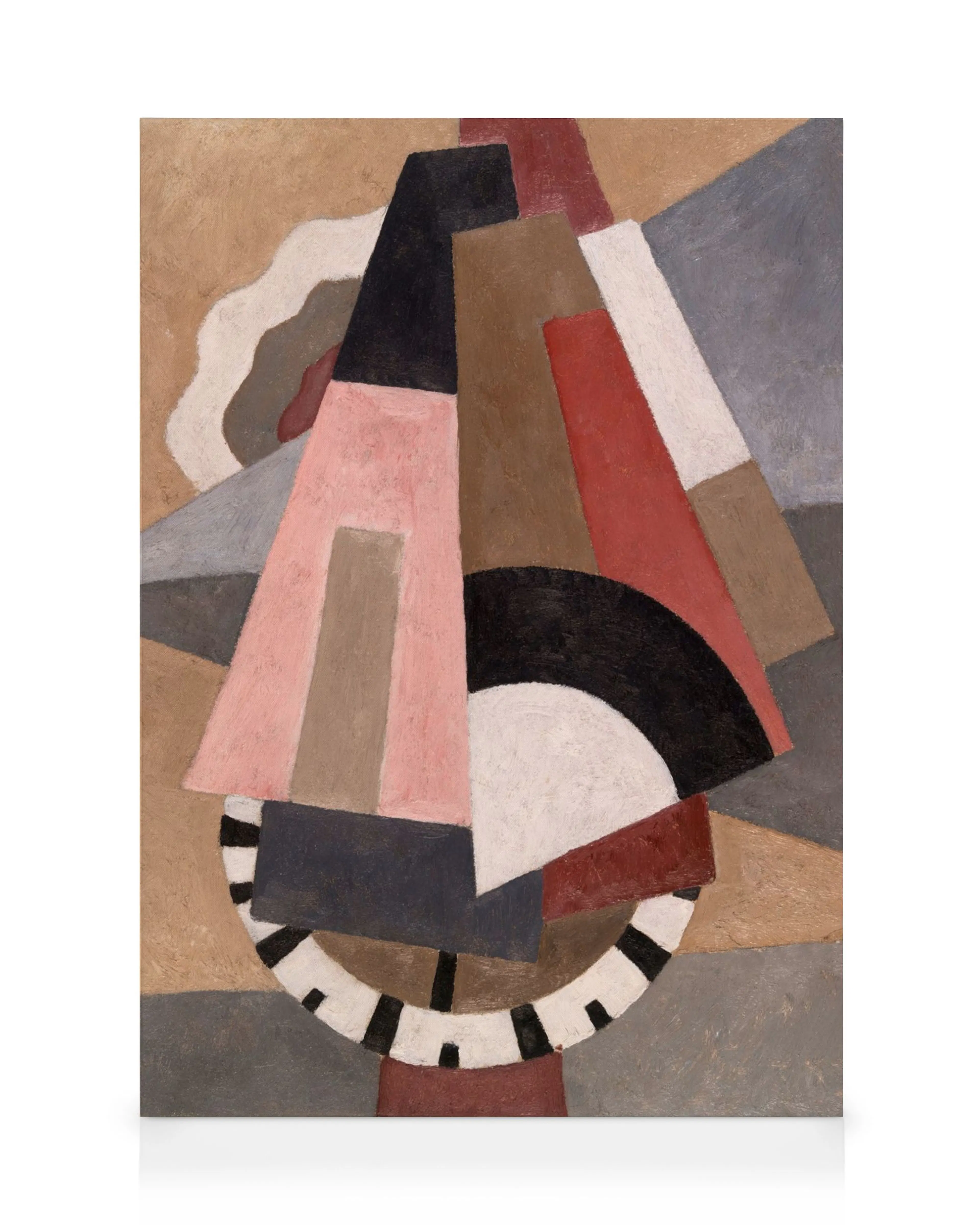 Kubisme-inspireret lærred af Marsden Hartley med geometriske former i jordfarver, sort, hvid, rød og lyserød.