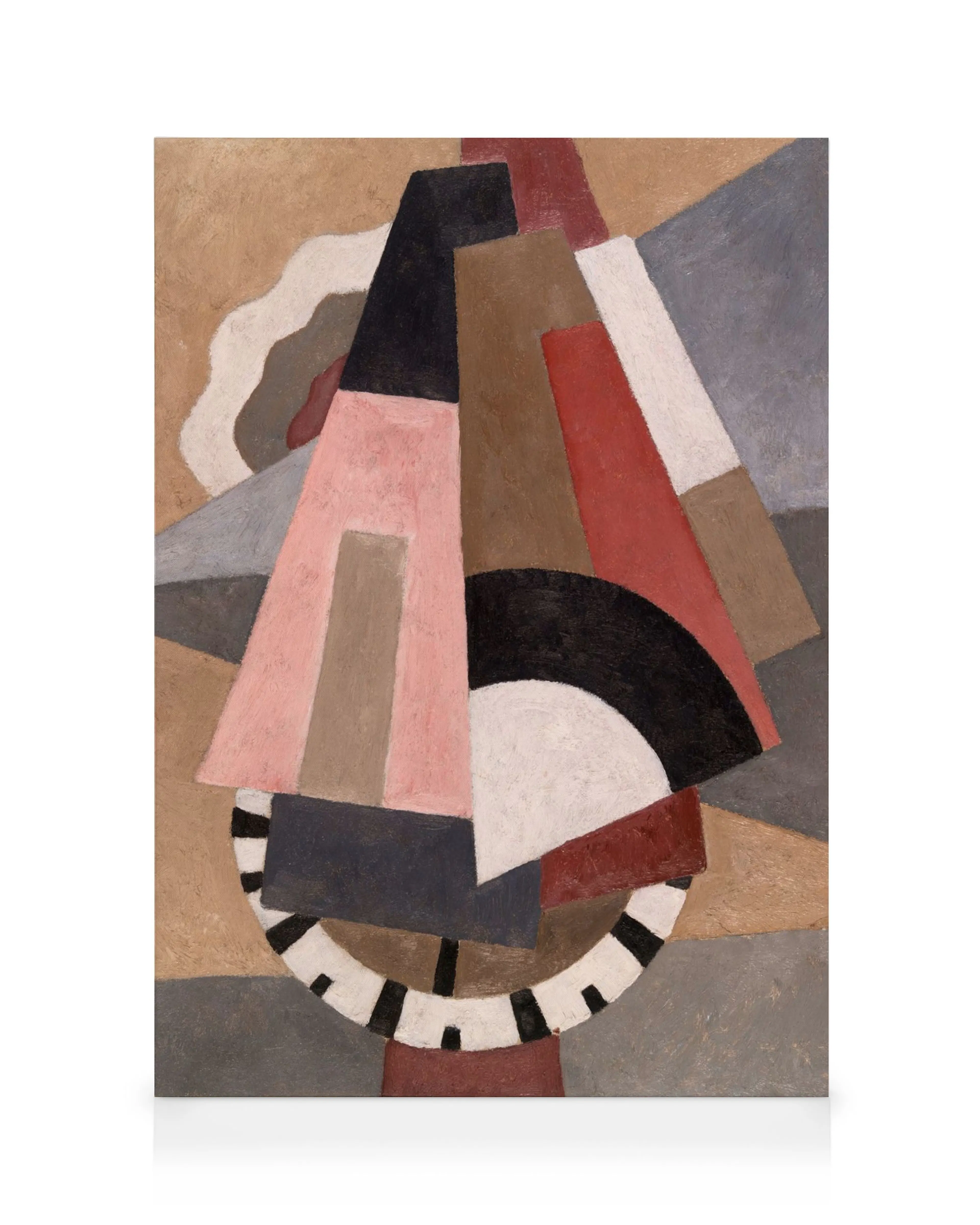 Toile cubiste abstraite de Marsden Hartley, formes géométriques et couleurs terreuses avec des touches de rose, rouge et noir