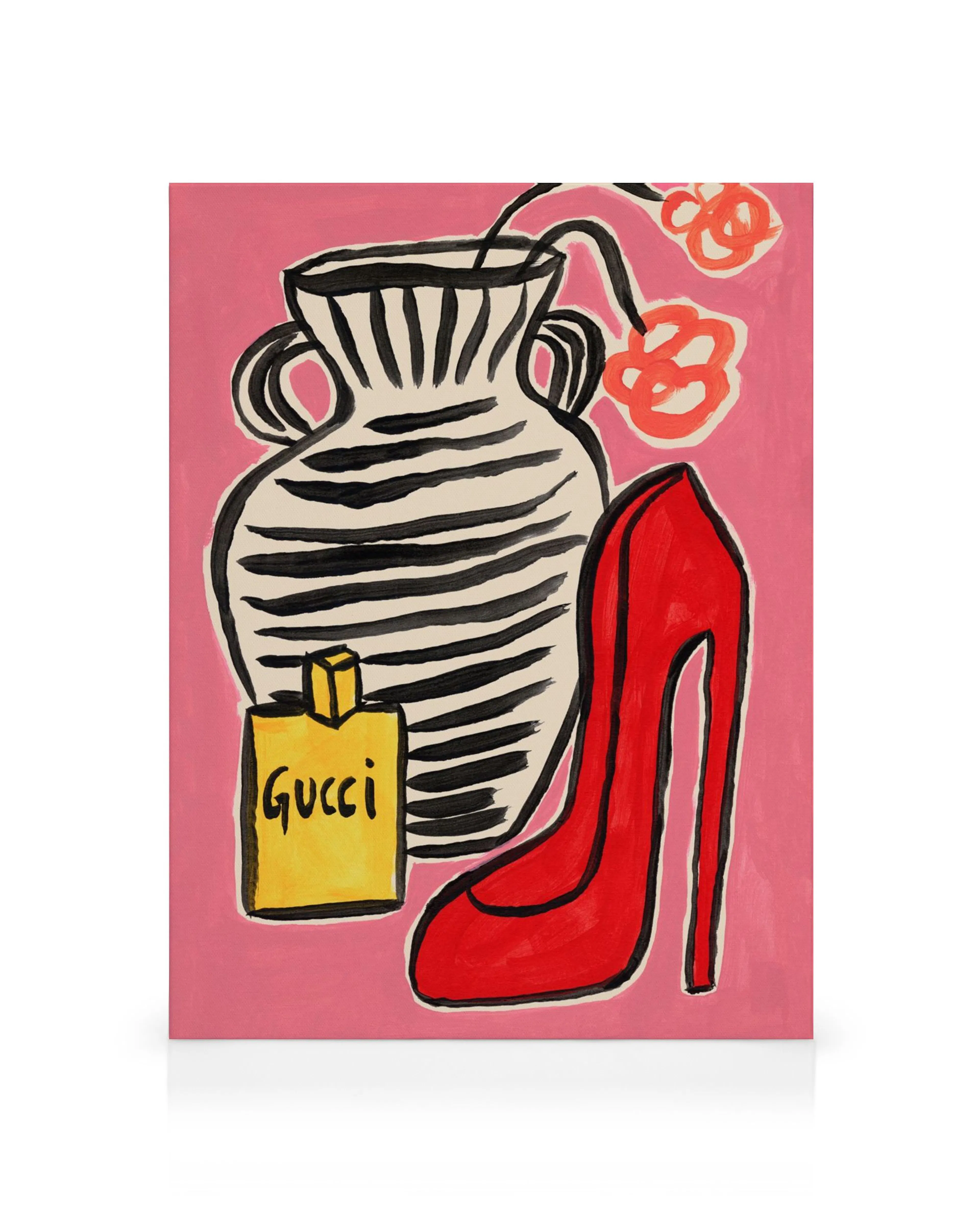 Fashion still life canvas with red heel, striped vase, and Gucci perfume on a pink background.