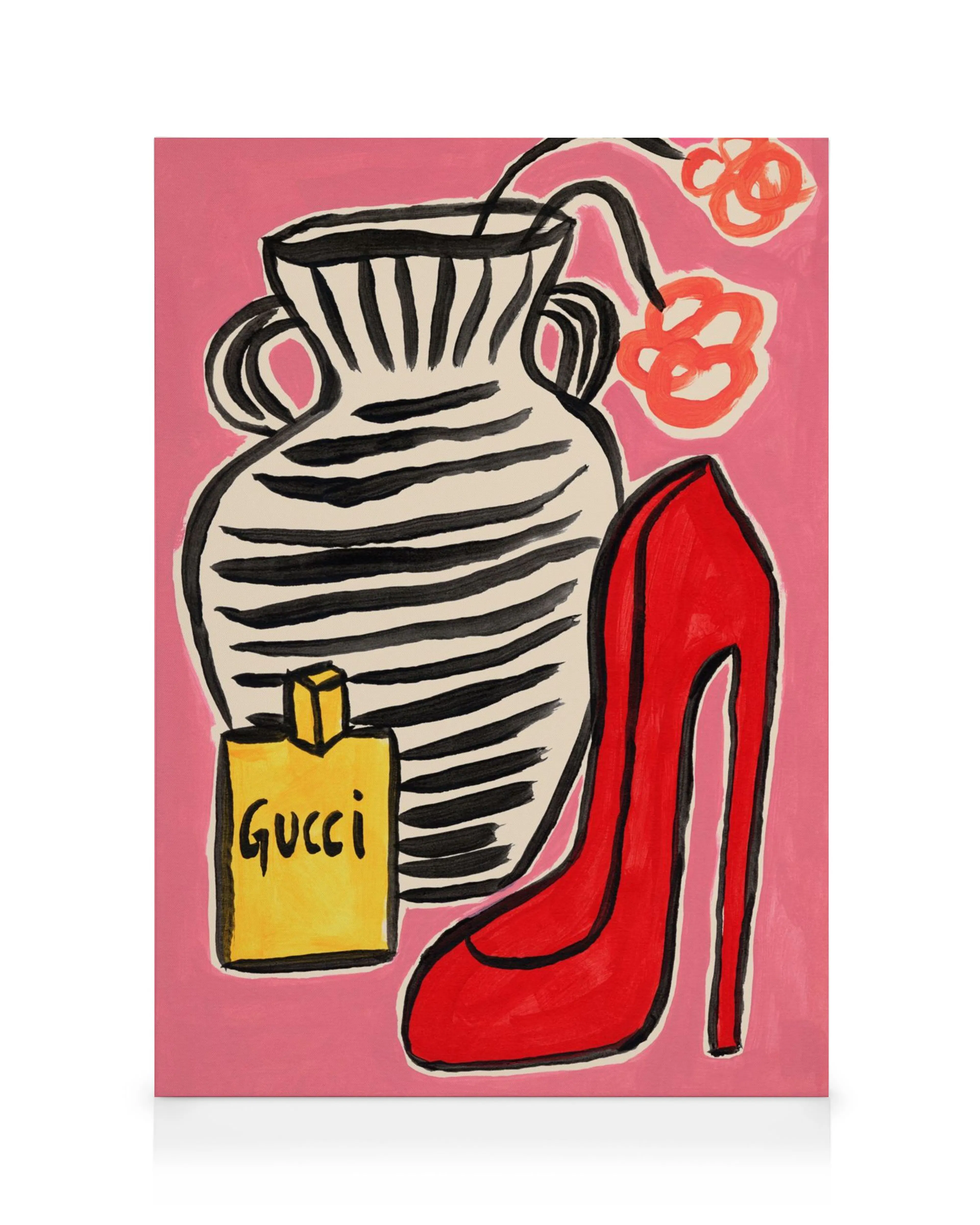 Affiche de nature morte avec un talon rouge, un vase zébré et un parfum Gucci, sur fond rose. Toile vive et colorée.