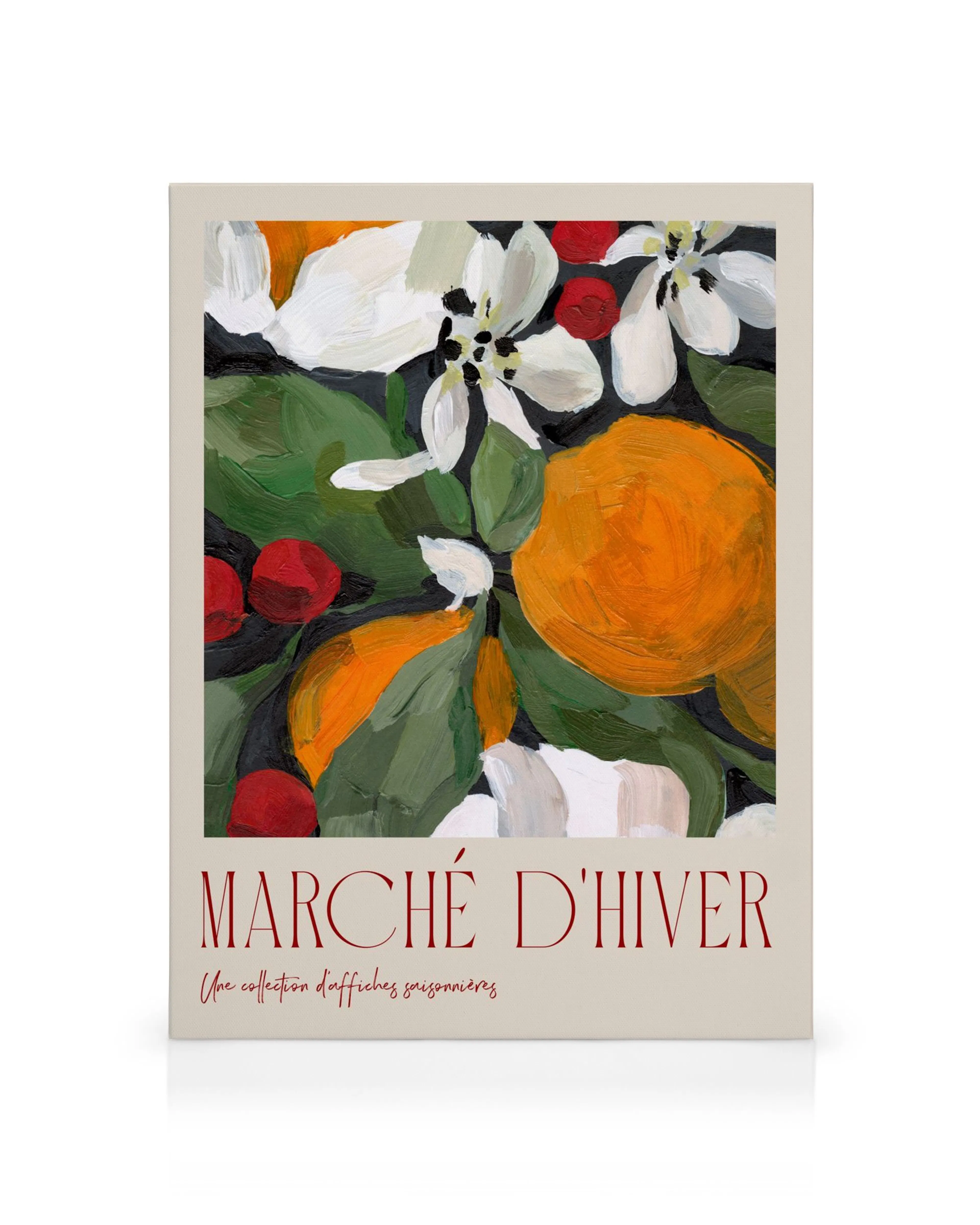 Marché DHiver No2 canvas print with vibrant white flowers, red berries, and orange fruits on a dark background.