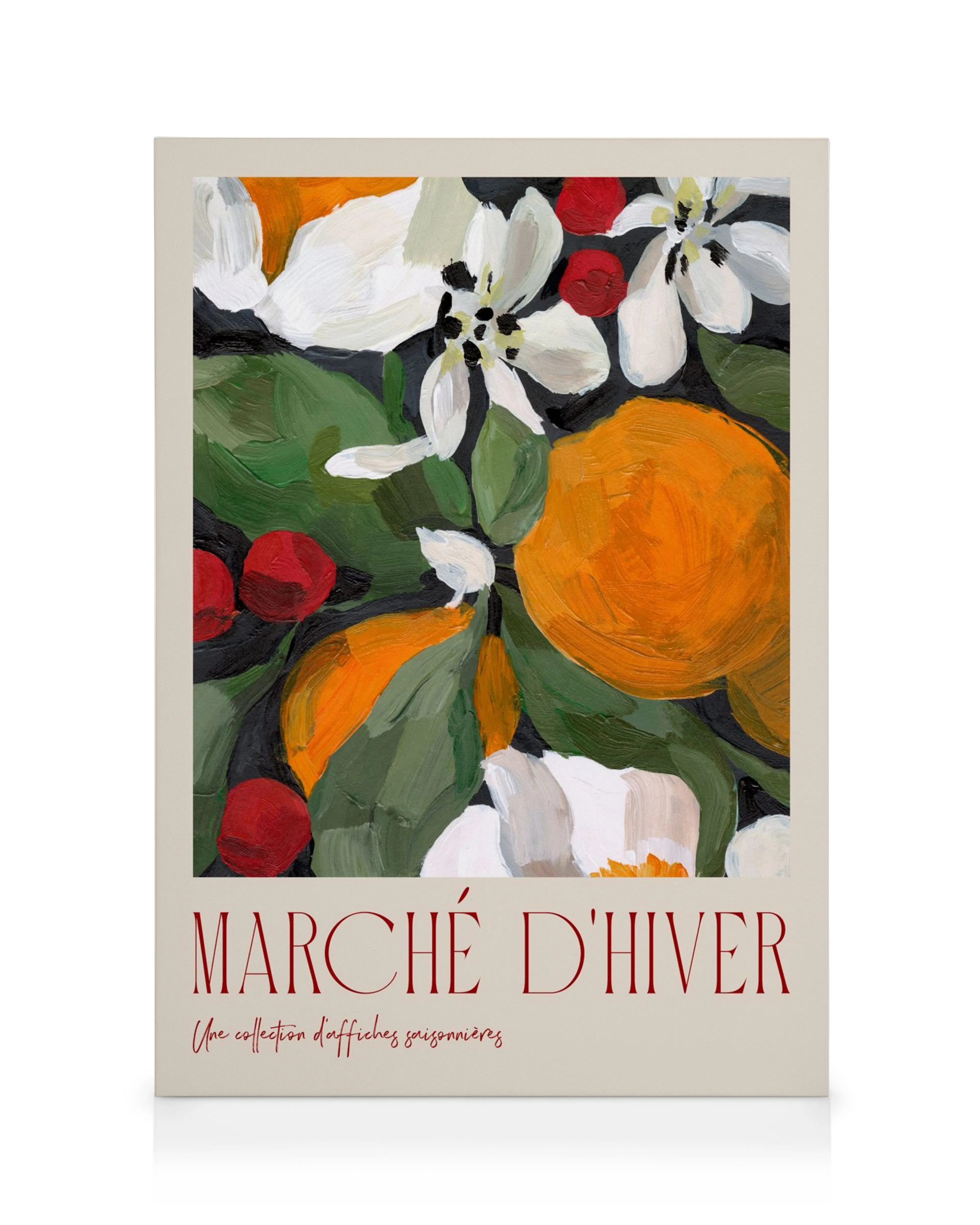 Tela Marché DHiver No2 con fiori bianchi, bacche rosse e frutti arancioni su sfondo scuro.