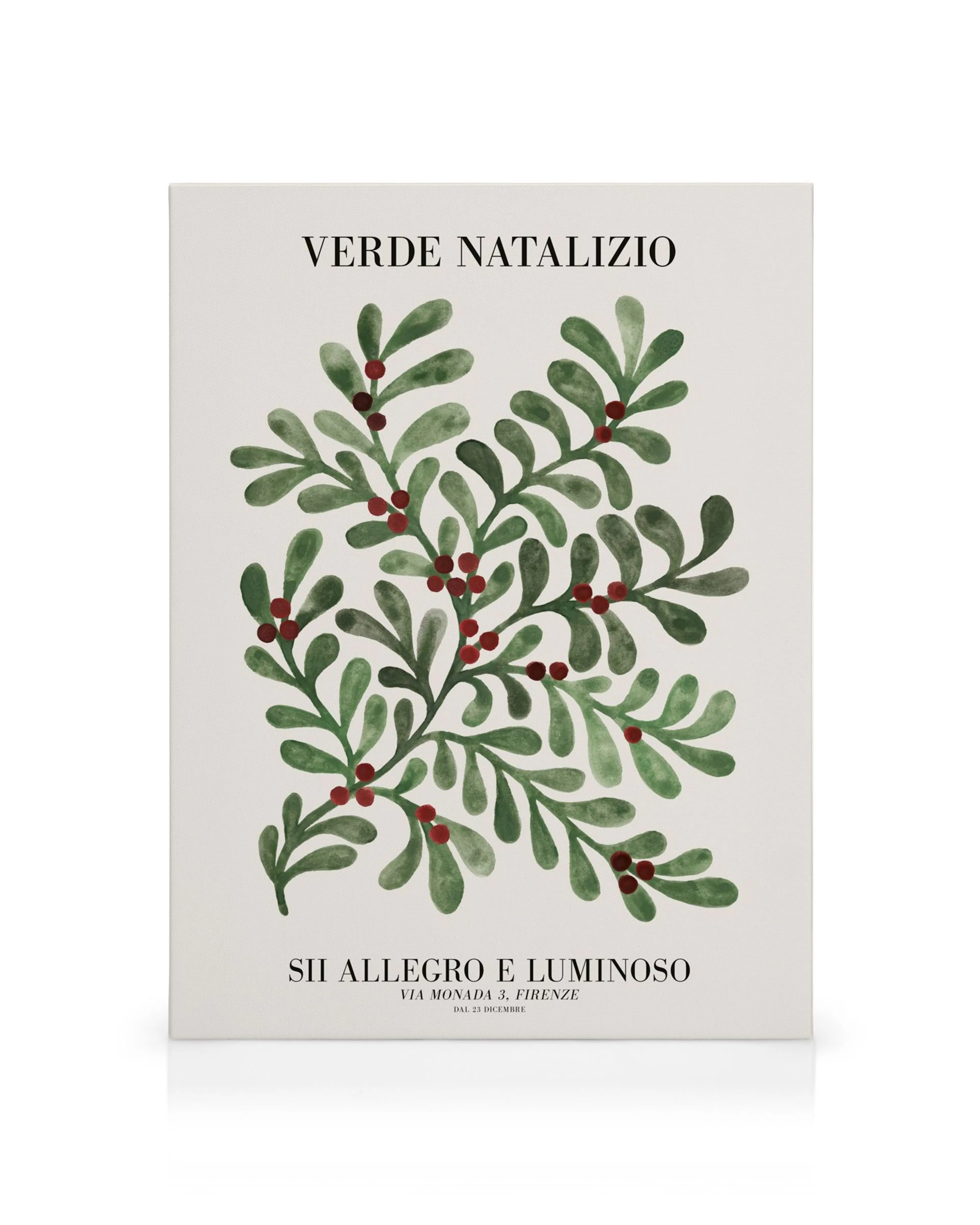 Christmas greenery canvas print with hand-painted green leaves, festive red berries, and Italian text on a beige background.