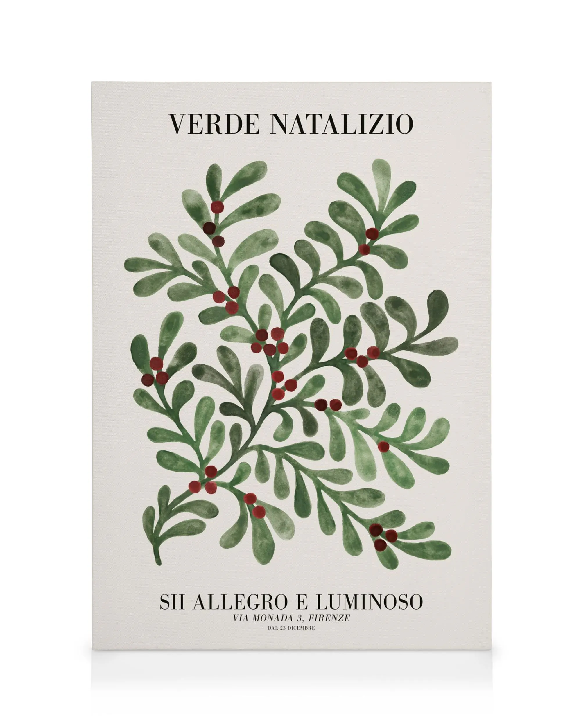 Stampa su tela con motivo natalizio di rami verdi e bacche rosse, sfondo beige, scritta Verde Natalizio.