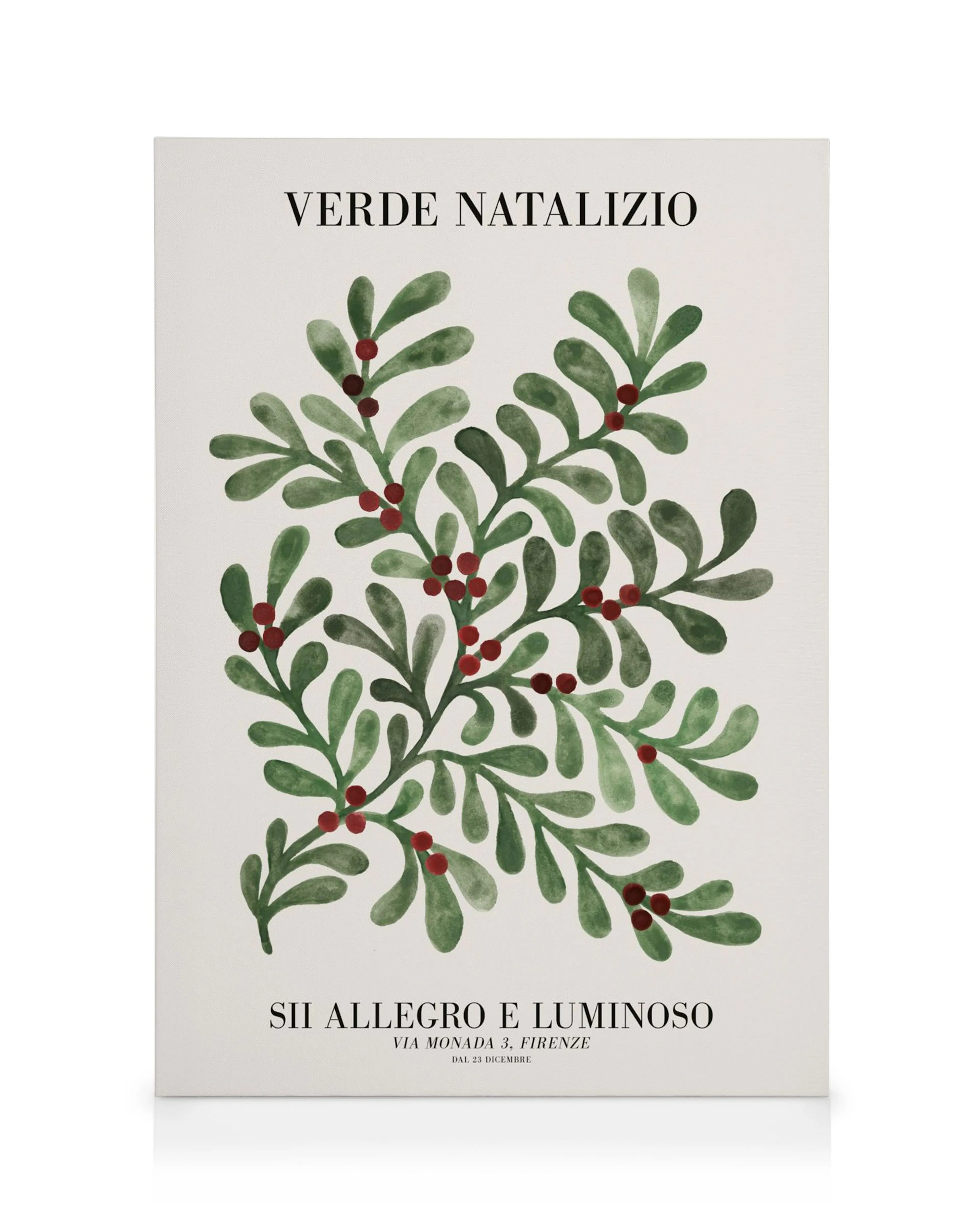 Stampa su tela con motivo natalizio di rami verdi e bacche rosse, sfondo beige, scritta Verde Natalizio.