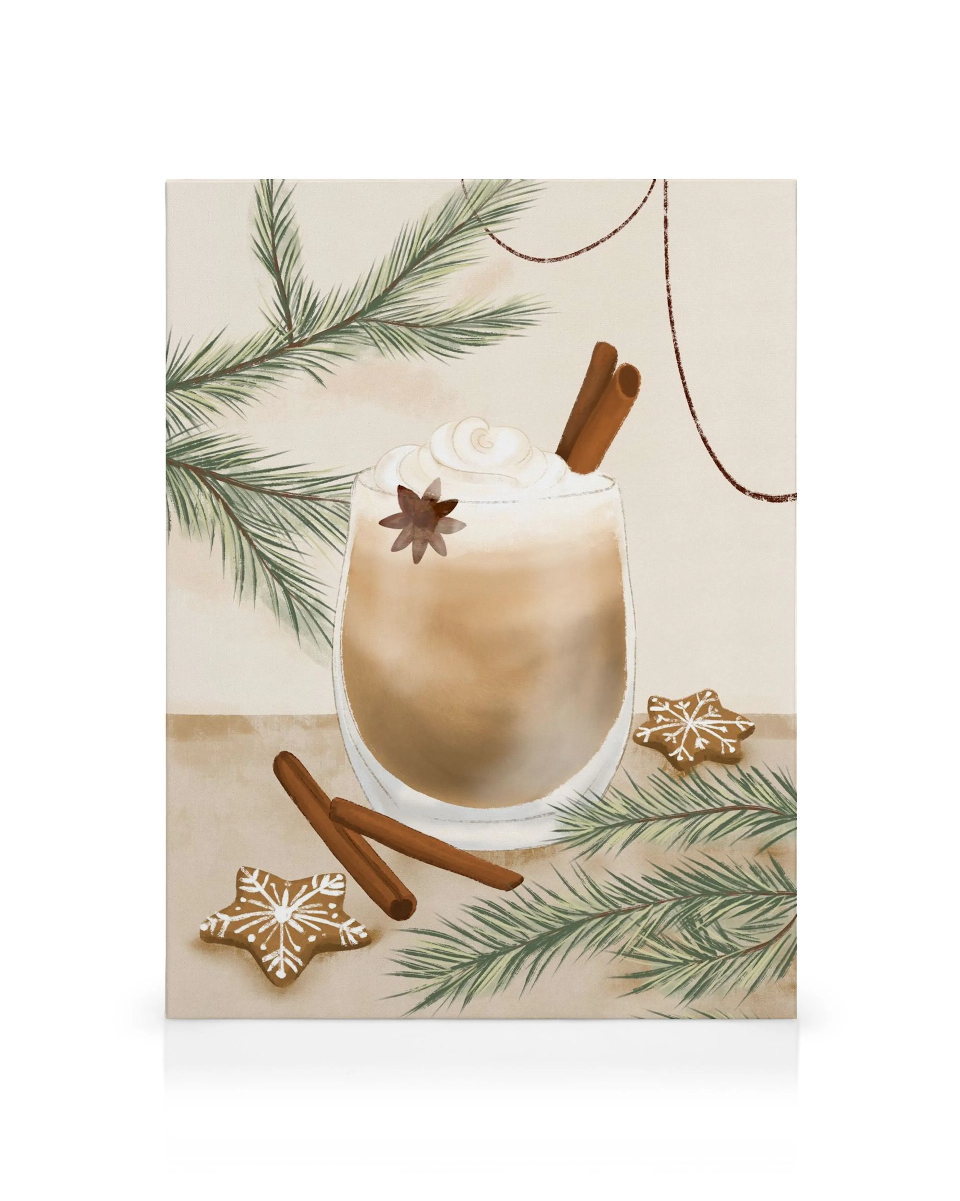 Julig äggtoddy med vispgrädde, kanelstänger, stjärnanis och pepparkakor. Grön granbarr och röd girlang ramar in motivet.