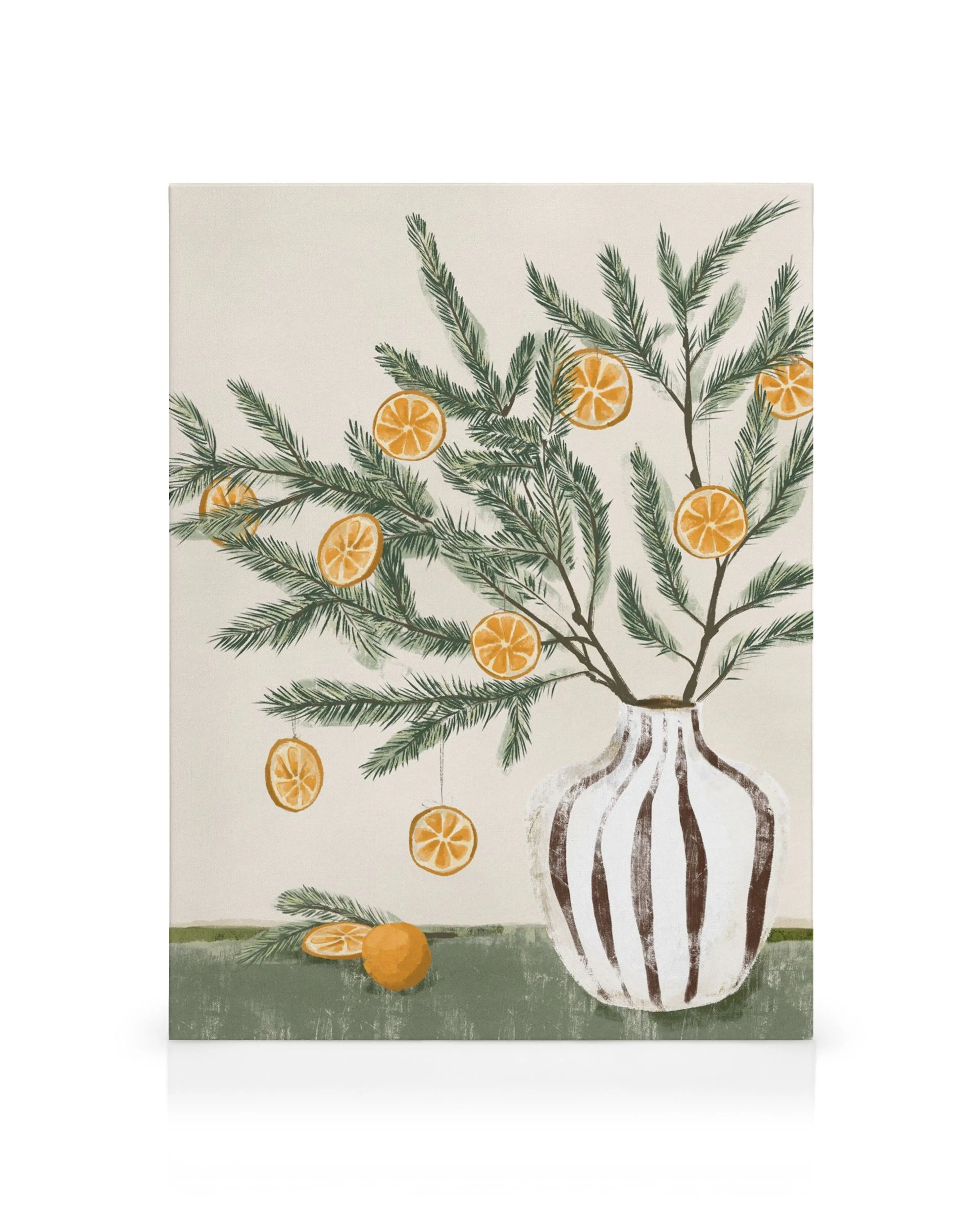 Weihnachtliche Illustration: Gestreifte Vase mit Tannenzweigen und getrockneten Orangenscheiben, ideal für festliche Dekoration.
