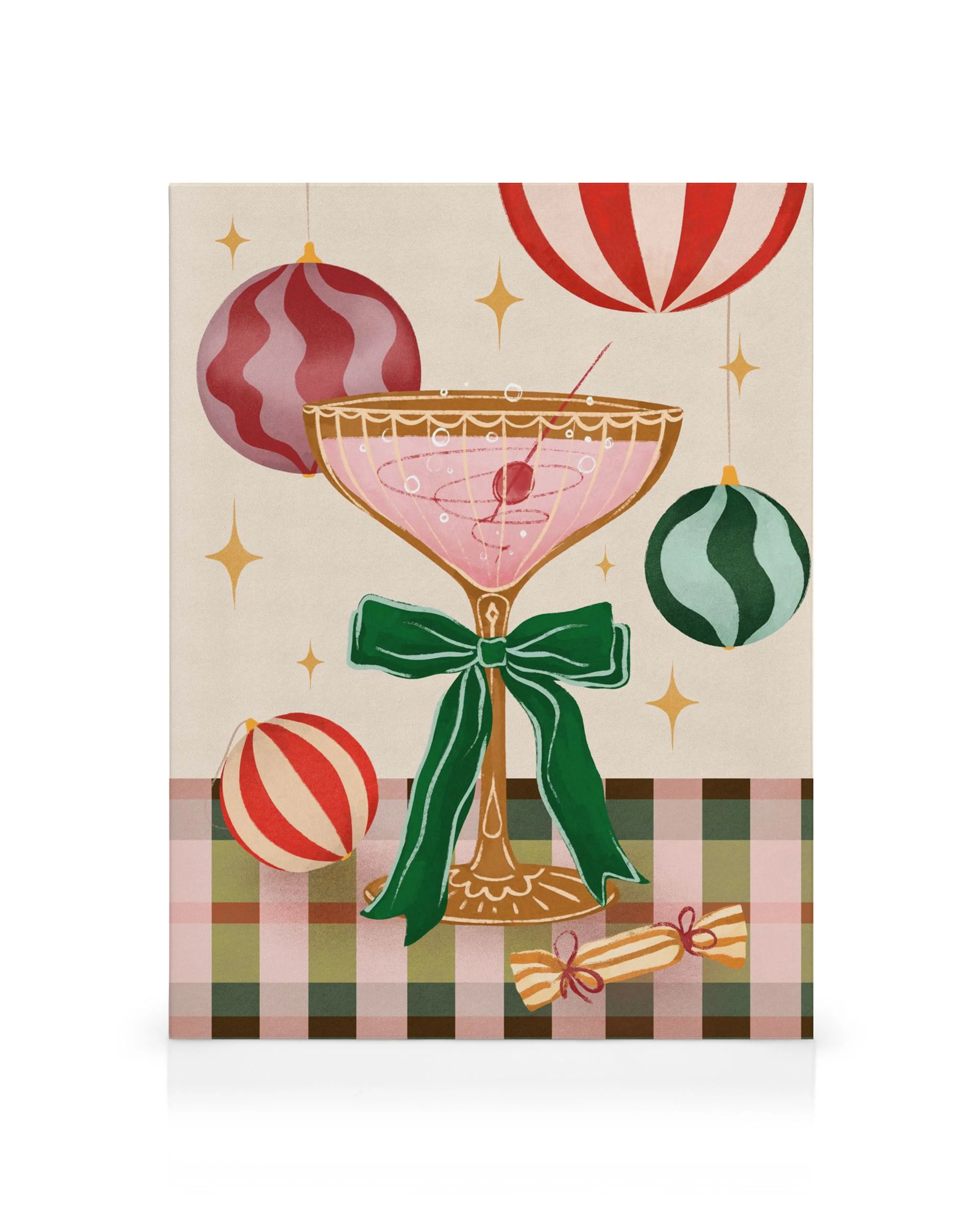 Toile festive rose avec un cocktail, nœud vert et ornements colorés, fond vichy