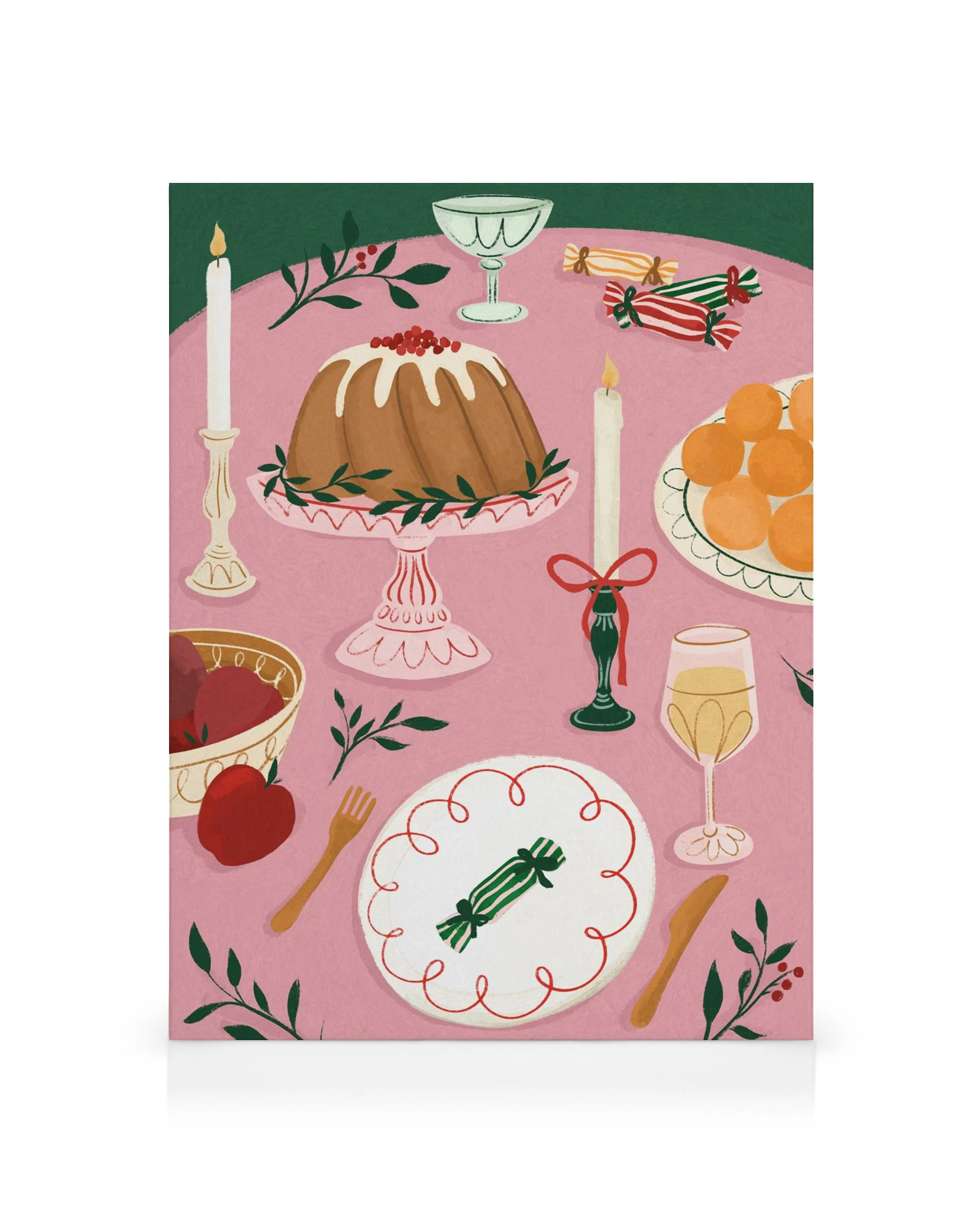 Illustratie van een feestelijk gedekte tafel met een taart, kaarsen en fruit op een roze tafelkleed, ideaal voor keuken of eetru