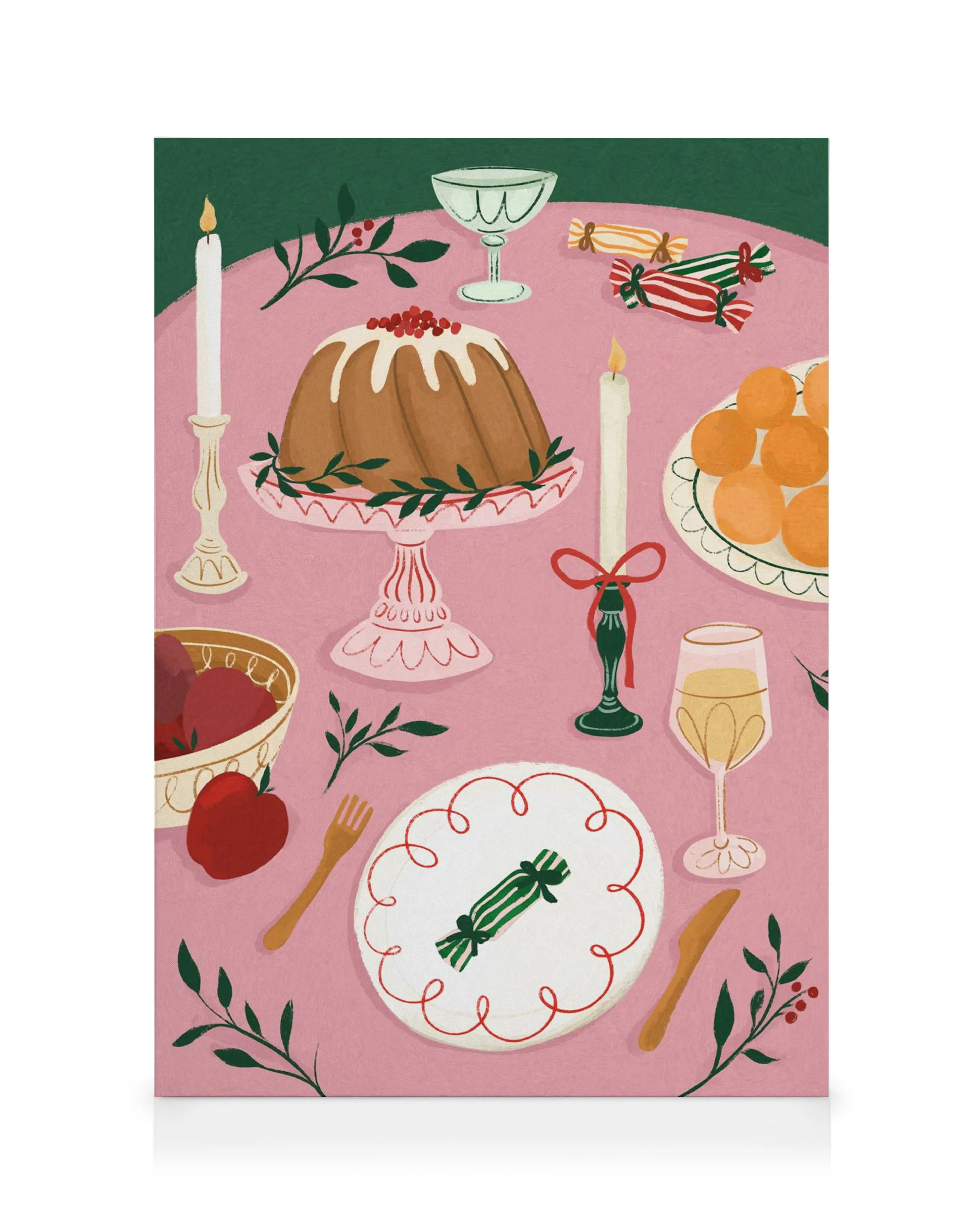 Stampa artistica The Cake is Served con torta, glassa bianca, bacche rosse su tovaglia rosa, candele, frutta.