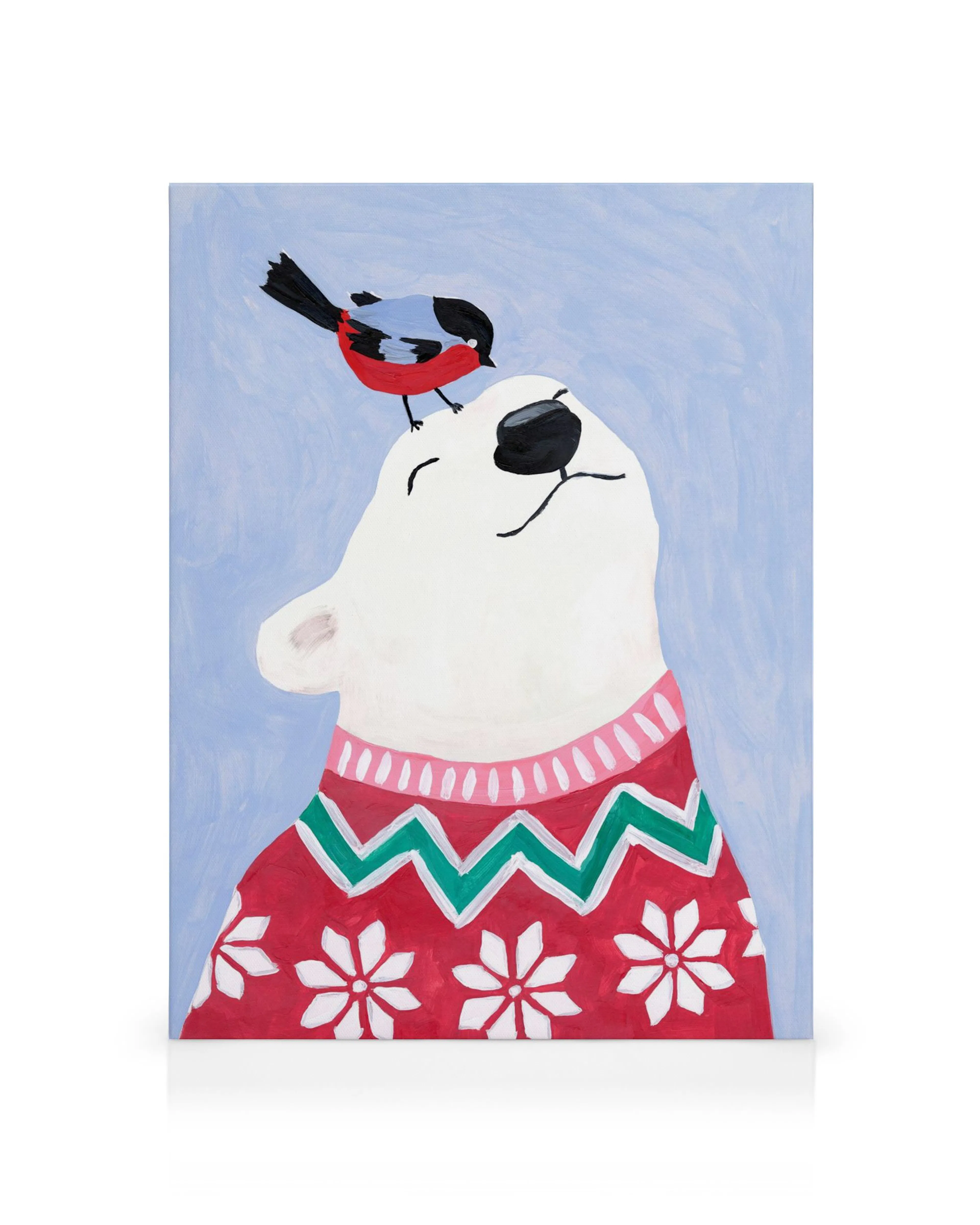 Urso polar em camisola de Natal vermelha com floco de neve e passarinho no nariz, fundo azul claro, tela decorativa infantil.