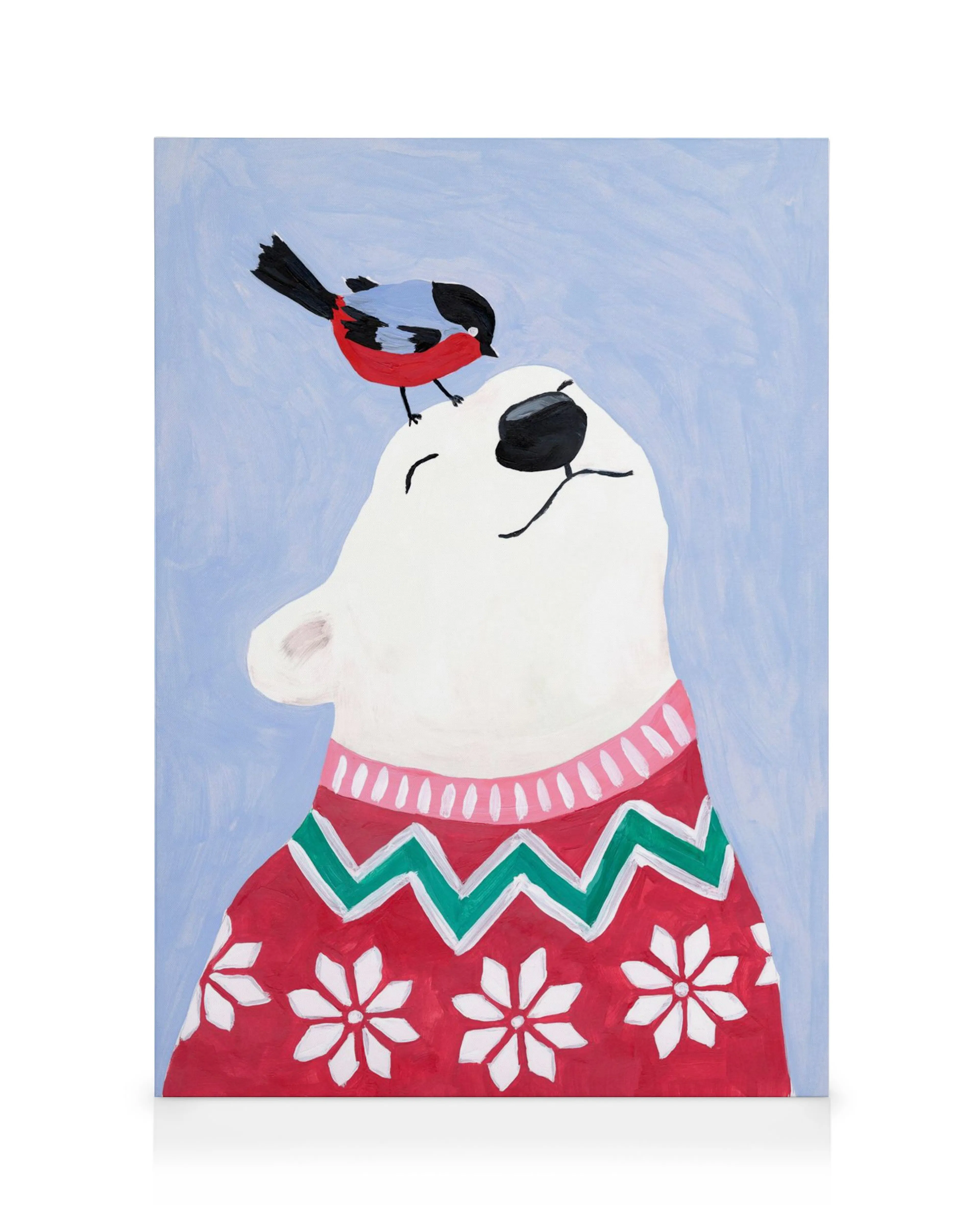 Orso polare con maglione natalizio rosso, uccellino sul naso, sfondo azzurro. Stampa tela per bambini.
