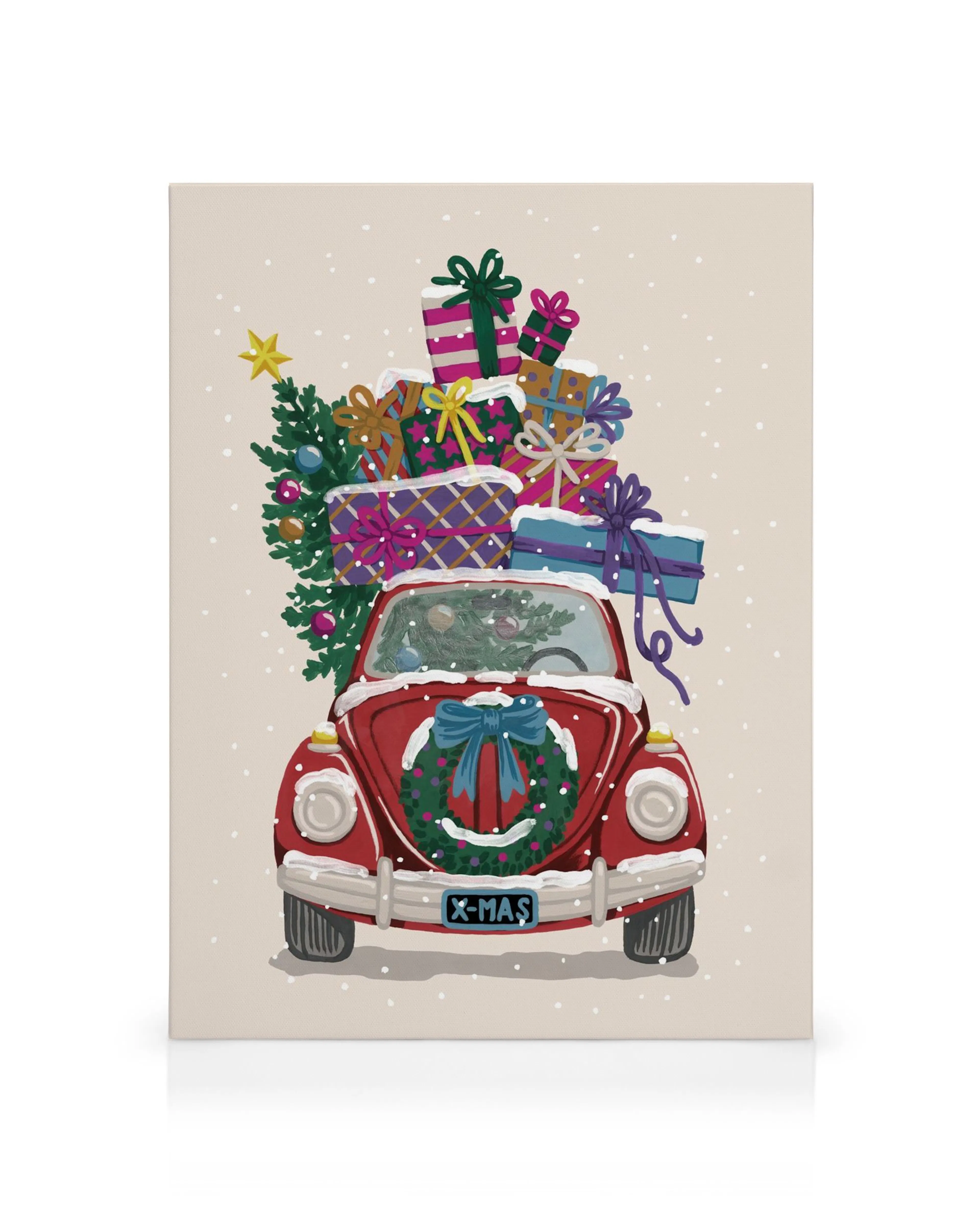 Festive Christmas canvas: a red car with a wreath, presents, and a decorated tree in falling snow.