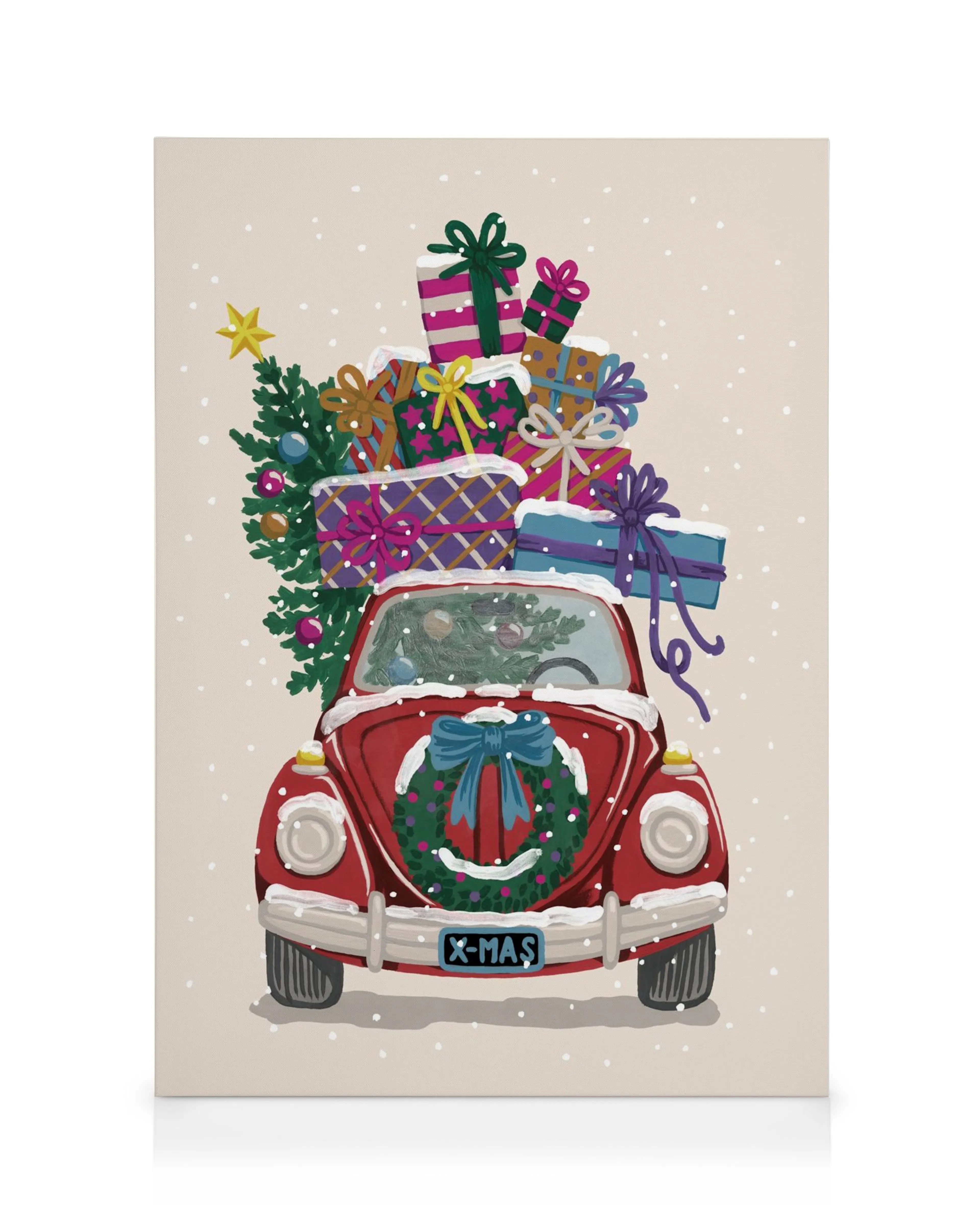 Stampa tela auto rossa natalizia con ghirlanda, regali e albero. Illustrazione festiva dipinta a mano.