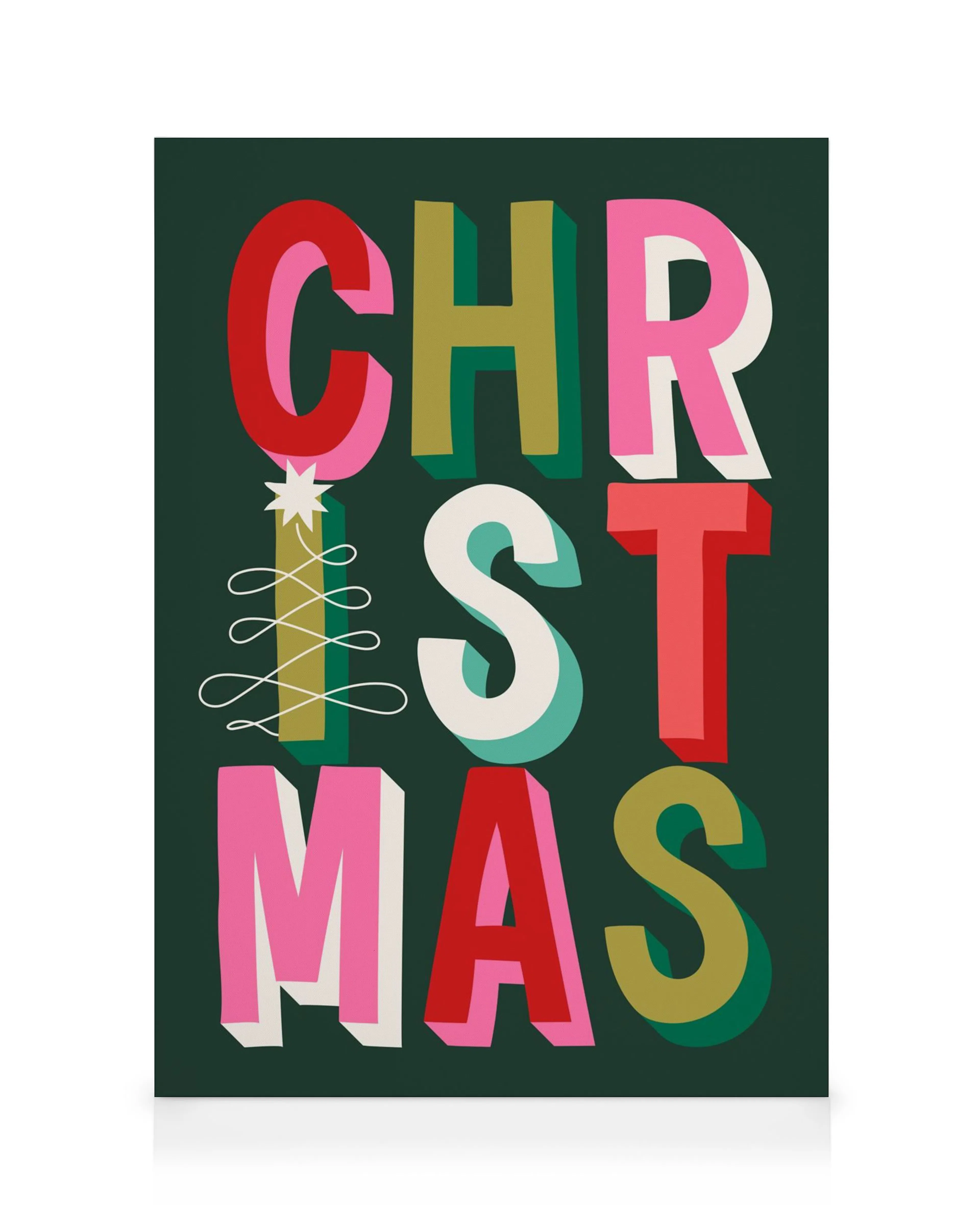 Stampa su tela festiva con CHRISTMAS colorato, I come albero di Natale, sfondo verde scuro. Decorazione natalizia.